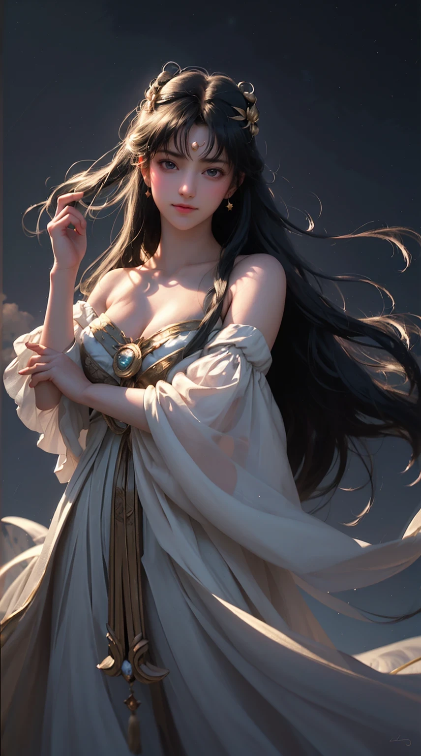 laser,Zhongnan Artificial Intelligence,meishaonv,(best quality,4k,8k,high resolution,masterpiece:1.2),Super detailed,(actual,photoactual,photo-actual:1.37),high dynamic range,ultra high definition,studio lighting,Ultra-fine painting,sharp focus,physiCarlly-based rendering,extremely detailed description,professional,bright colors,Bokeh,portrait,night sky,moon,ribbon,vitality,Dark silhouette,flowing long hair,feminine,Calm expression,sky full of stars,breeze,twinkling stars,peaceful atmosphere,soft light,subtle highlights,Silky texture,wisps of clouds,mysterious atmosphere,ethereal beauty,Carlmness,dreamlike,tranquility at night,magnificent scene,Magic is in the air,Celestial Enchantment,intimate moments,quiet contemplation,elegant posture,sense of surprise,moonlit landscape,tranquility in darkness,sentimental,Romantic,moon's reflection,Carl,