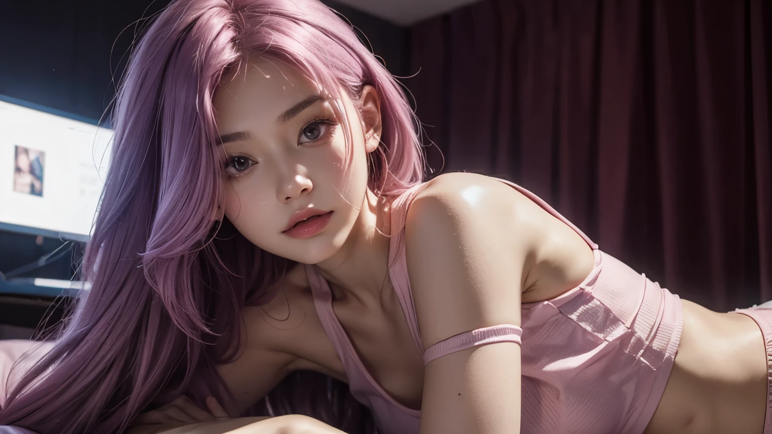 A girl with long light pink soft purple hair, perfect big booba , good quality, detailed beauty face, wearing crop top, in the night room