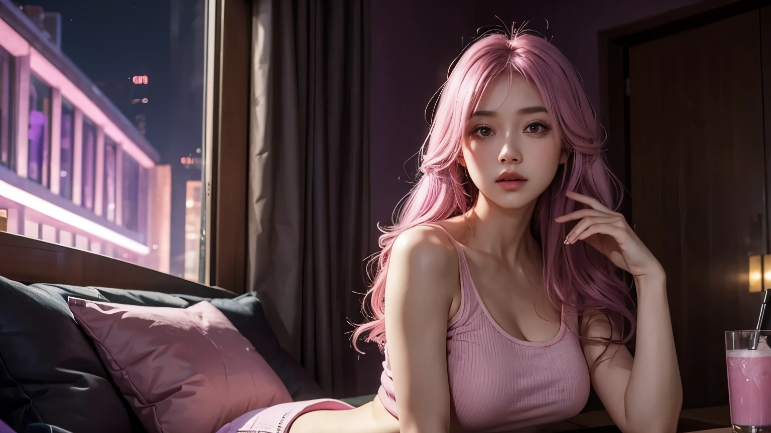 A girl with long light pink soft purple hair, perfect big booba , good quality, detailed beauty face, wearing crop top, in the night room