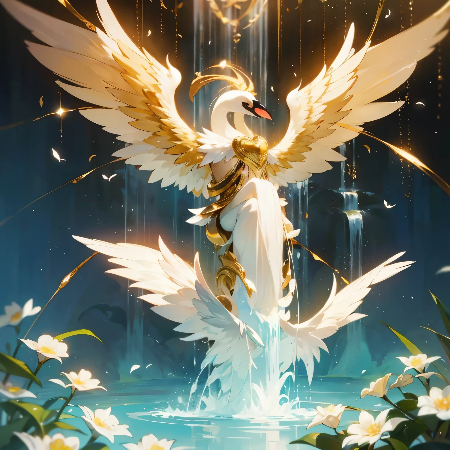 Swan in the air with ton of wings on its back and a golden heart in the middle shining and the background is like a waterfall but with flowers