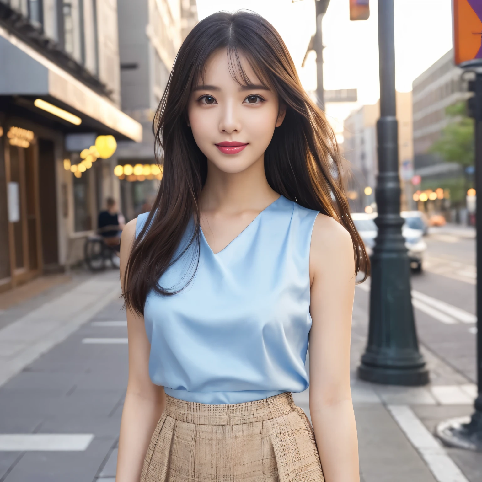 (highest quality、table top、8k、best image quality、Award-winning work)、one beautiful woman、25 years old、alone、perfect beautiful composition、perfect fit、(Full body photo:1.1)、(emphasize body line:1.2)、(classy sleeveless tops:1.2)、(very short elegant tight skirt:1.1)、(very big breasts:1.2)、slender body、Clothes with a causal relationship、smile looking at me、(Strongly blurred background of the sidewalk in front of the station:1.1)、Standing gracefully、natural makeup、Ultra high definition beauty face、ultra high definition hair、Super high-definition sparkling eyes、(Shining ultra-high definition beautiful skin:1.1)、Super high resolution glossy lips、accurate anatomy、ultra high definition hair、(closed lips:1.1)、(very bright and vivid:1.1)