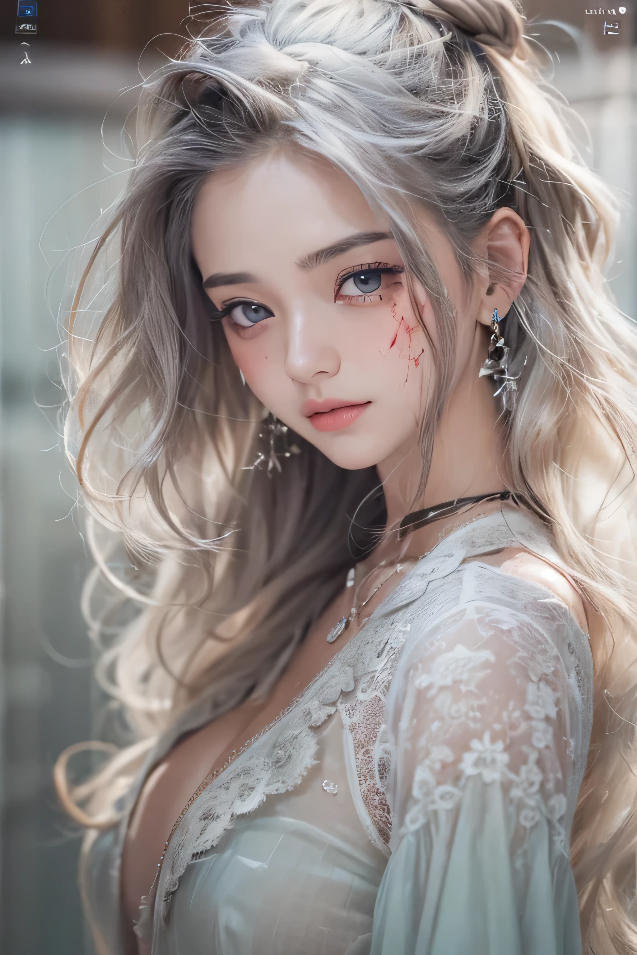 (on one screen:2)、(Bleeding from part of the face:1.5)、highest quality、High resolution、Super detailed、masterpiece、(Live shooting:1.5)、genuine:1.5、photogenuineistic:1.5、very delicate and beautiful、small details、1 female、(25 years old:1.5)、(super beautiful)、(beautiful face:1.5)、(close up of face:1.7)、tears、Textured Natural Skin、(At SFW)