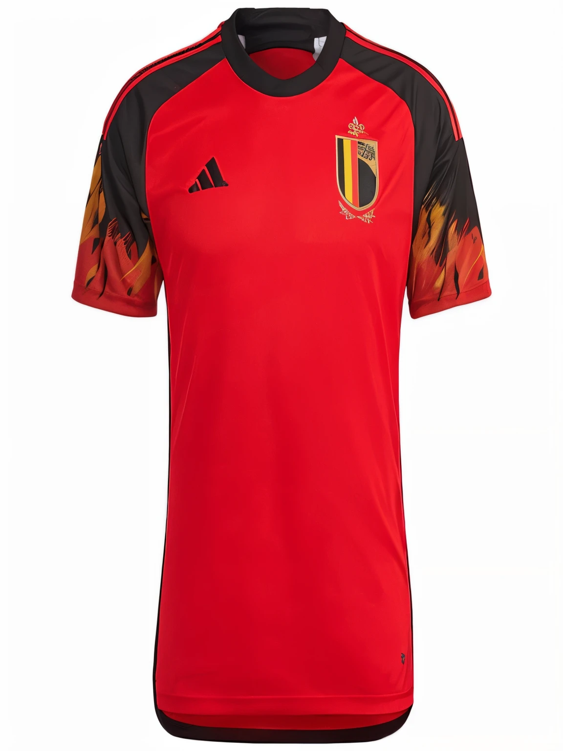A closeup of a red soccer jersey with a black and yellow design, Belgium, adidas, Japan, rojo oro negro, rojo amarillo ?????, feudal, imagen detallada, Francia, Esquema de color rojo ????? y dorado, rojo - ?????, inspirado por Jan Asselijn, Tiene una pintura roja y negra, sobre un fondo blanco, absurdos, oficial