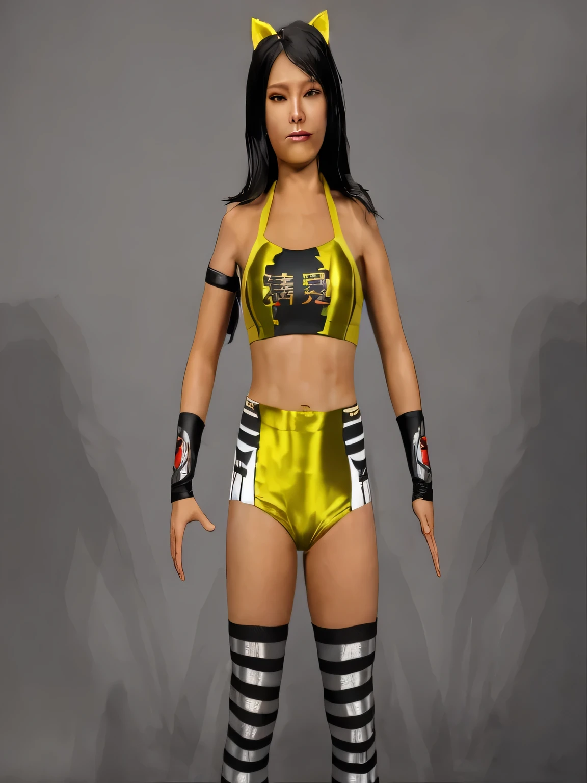 ((masterpiece, best quality)), asian woman with black hair in a yellow shiny wrestling top and black arm band bottom black wrist bands and black silver shiny socks and yellow cat ears posing for a picture, realistic fully body pose, realistic face photo realistic, intricate details