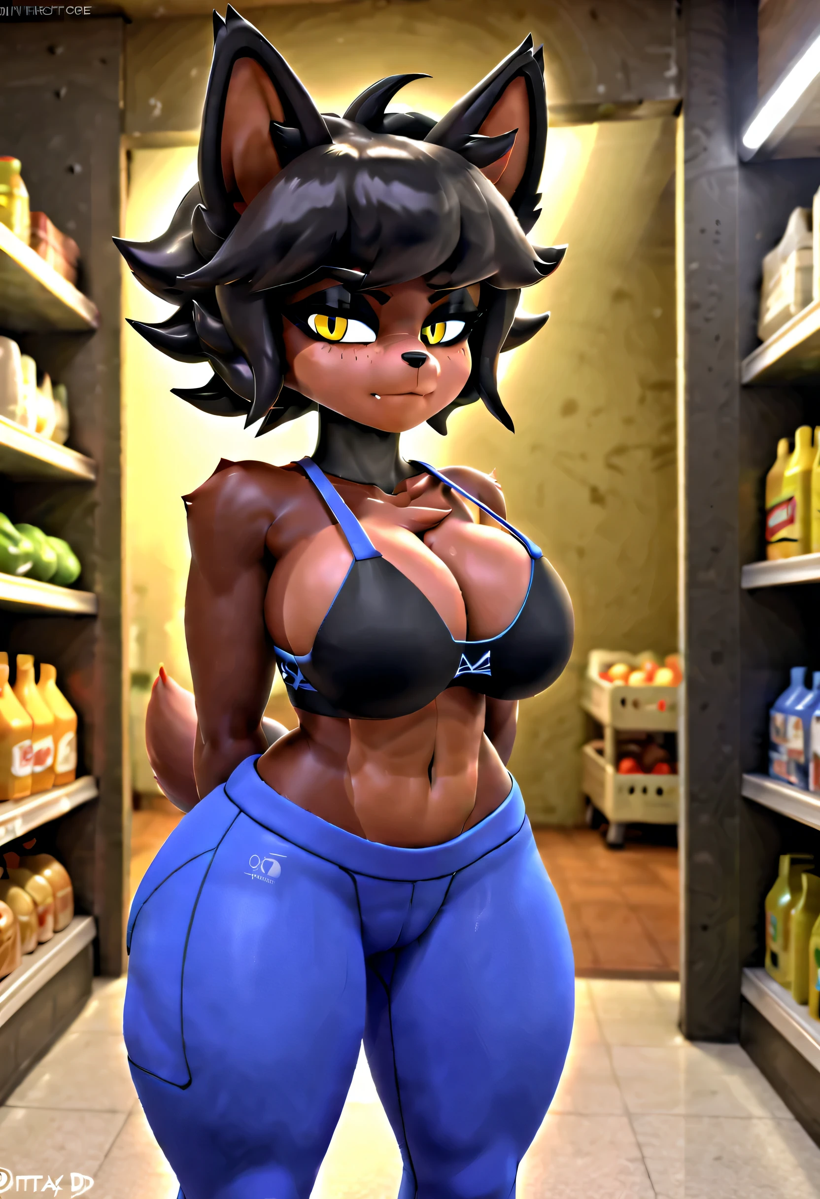 (best quality, masterpiece1.2), 1girl, solo, half human, cally3d, African American woman, dark skinned female, black woman, black hair, fox ears, fox nose, black eyeliner, sexy, detailed, extreme detail, short hair, perfect lighting, 4k, ultra-fine painting, vivid colors, fexa,yoga pants, jacket, grocery store background, tired eyes, bra underneath jacket, 