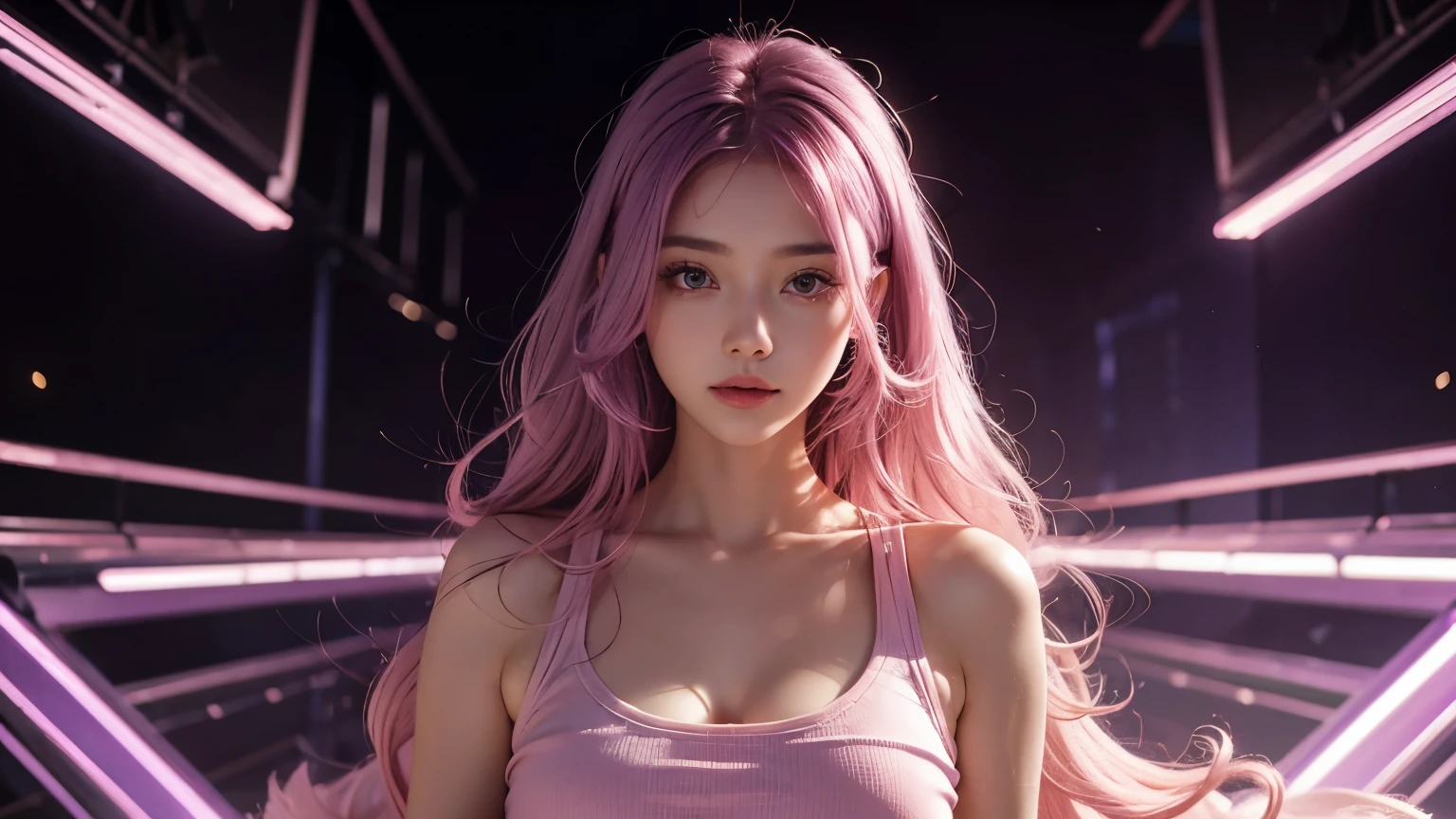 A girl with long light pink soft purple hair, perfect big booba , good quality, detailed beauty face, wearing crop top, in the night room