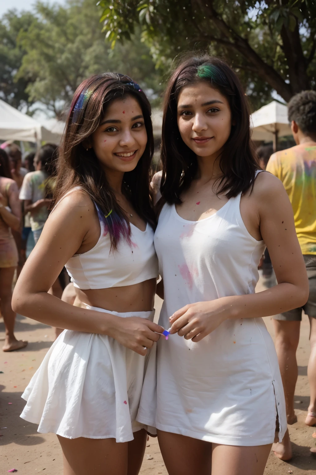 Women wearing white dress enjoying holi with colours all over -  1500x452px - landscape orientation