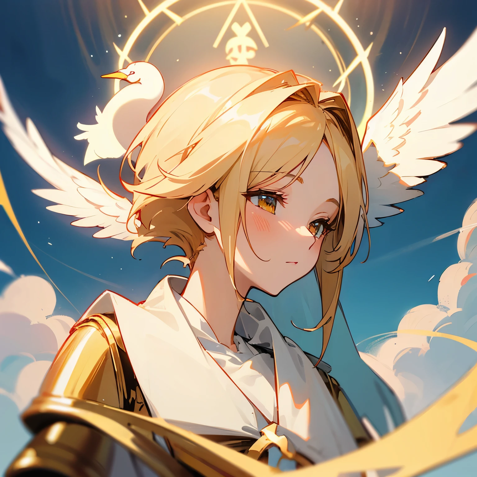 Seraphim with a swan head( not a human head) , background is clouds and there's a golden heart in the middle that shines