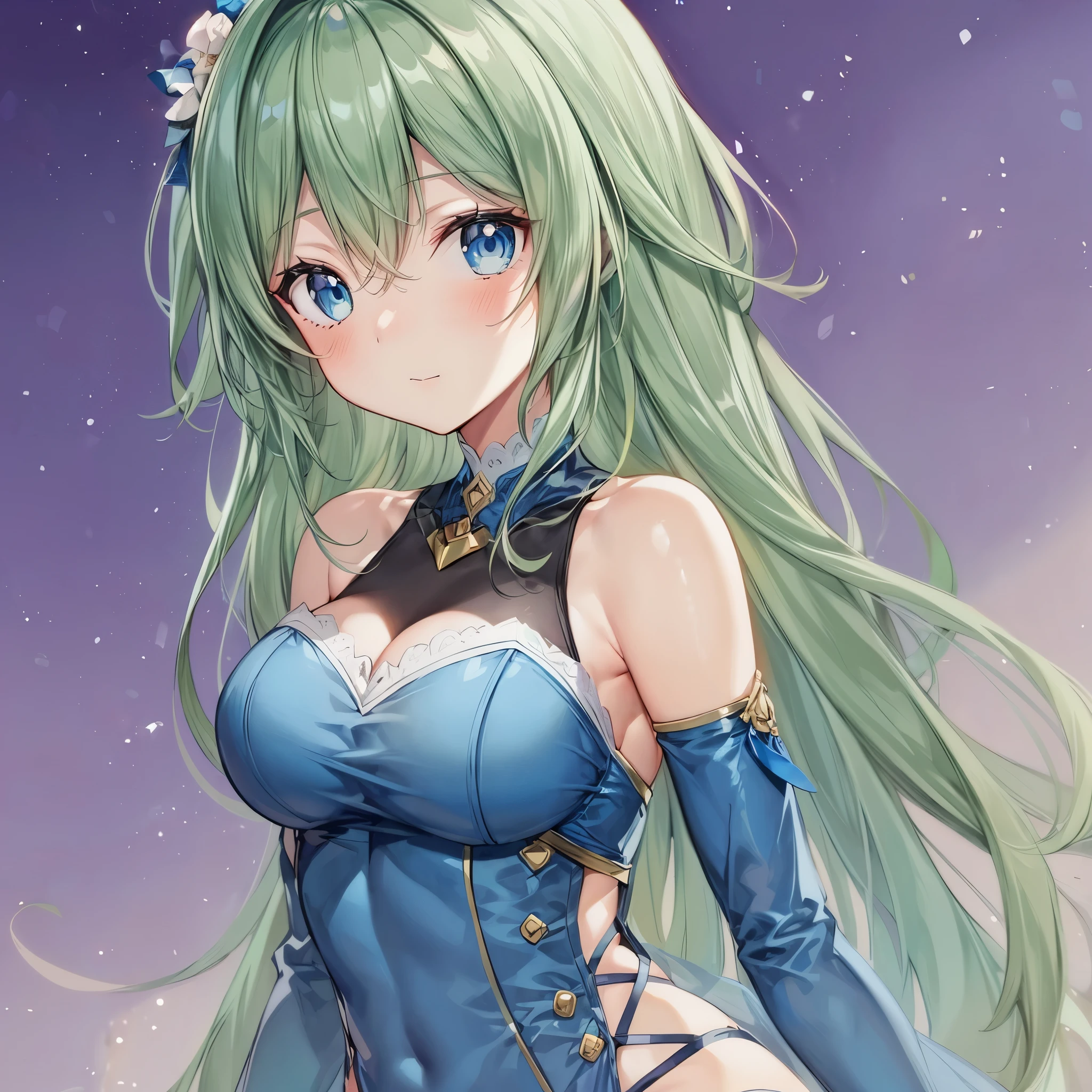 1girl, long green hair, detailed blue eyes, detailed body, shy, cute, beautiful dress, masterpiece, high res, best quality, splash art anime, pixiv art