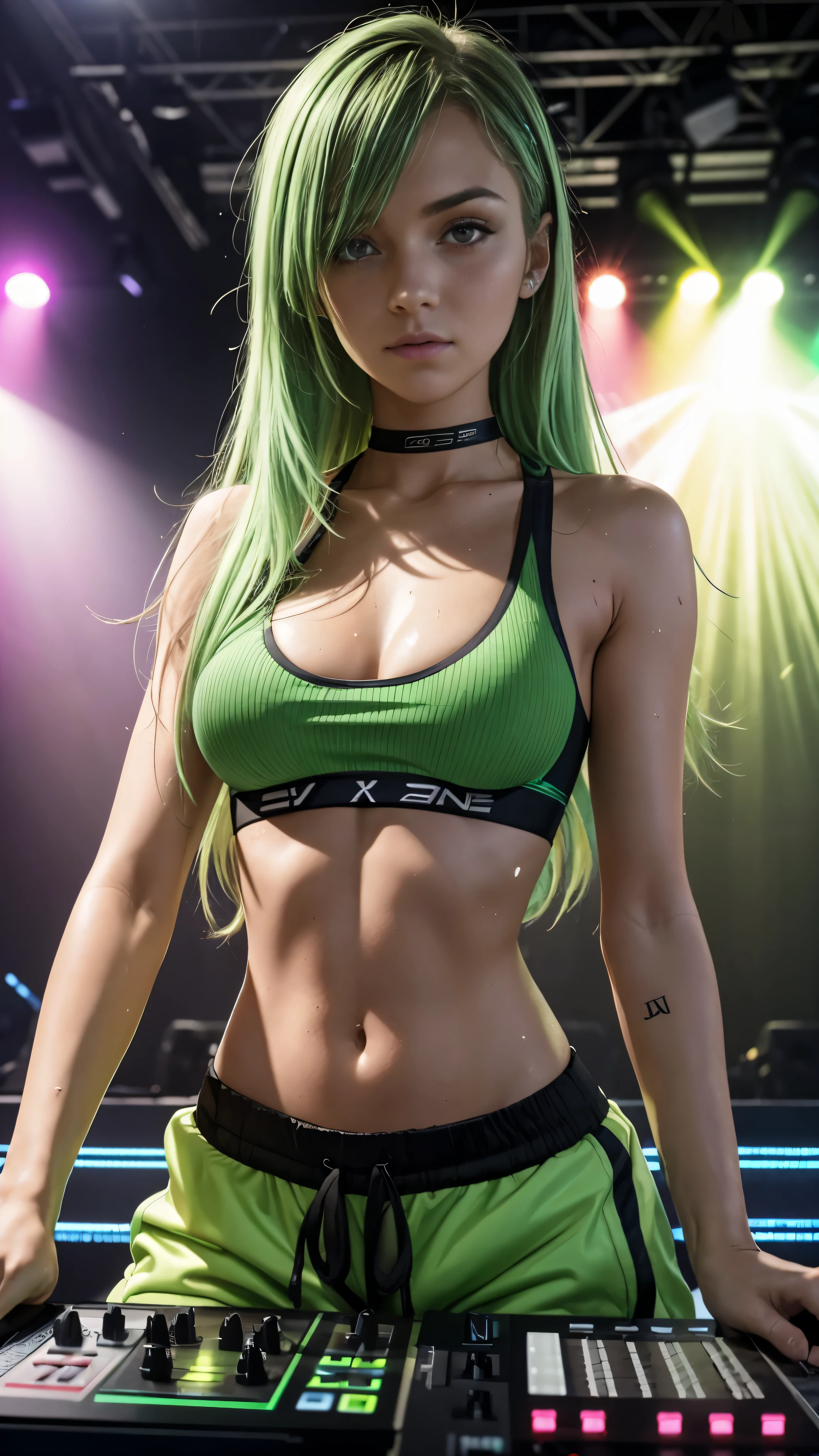 24 year old female dj live on stage, female dj, djing, dj desk, huge audience, dynamic light, electro music, sweat pants, sports bra, very skinny, green hair, small breast, sweaty, rachel cook, slim, long hair, open hair
