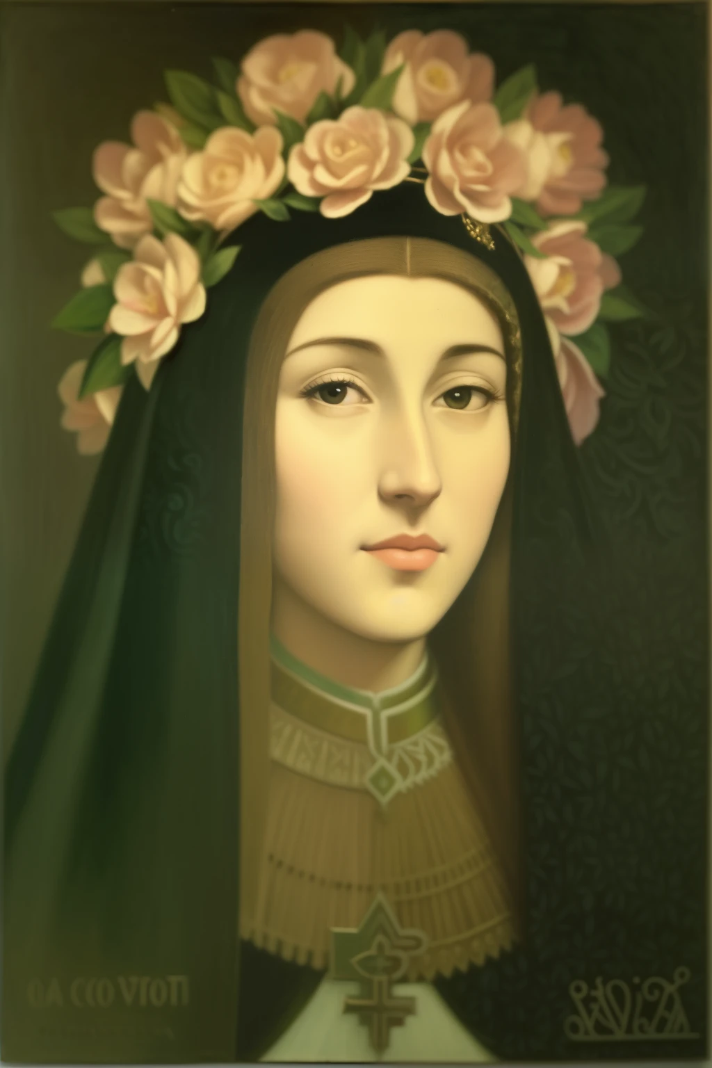 a painting of a woman with a wreath on her head, Retrato de Hildegard von Bingen, Pink countries, senhora de elche, Direction: Svetoslav Roerich, por Francisco de Burgos Mantilla, maria fortuny, por Francisco da Holanda, ela tem uma coroa de flores, retrato gracioso santo, retrato de santo da cova, santo ortodoxo