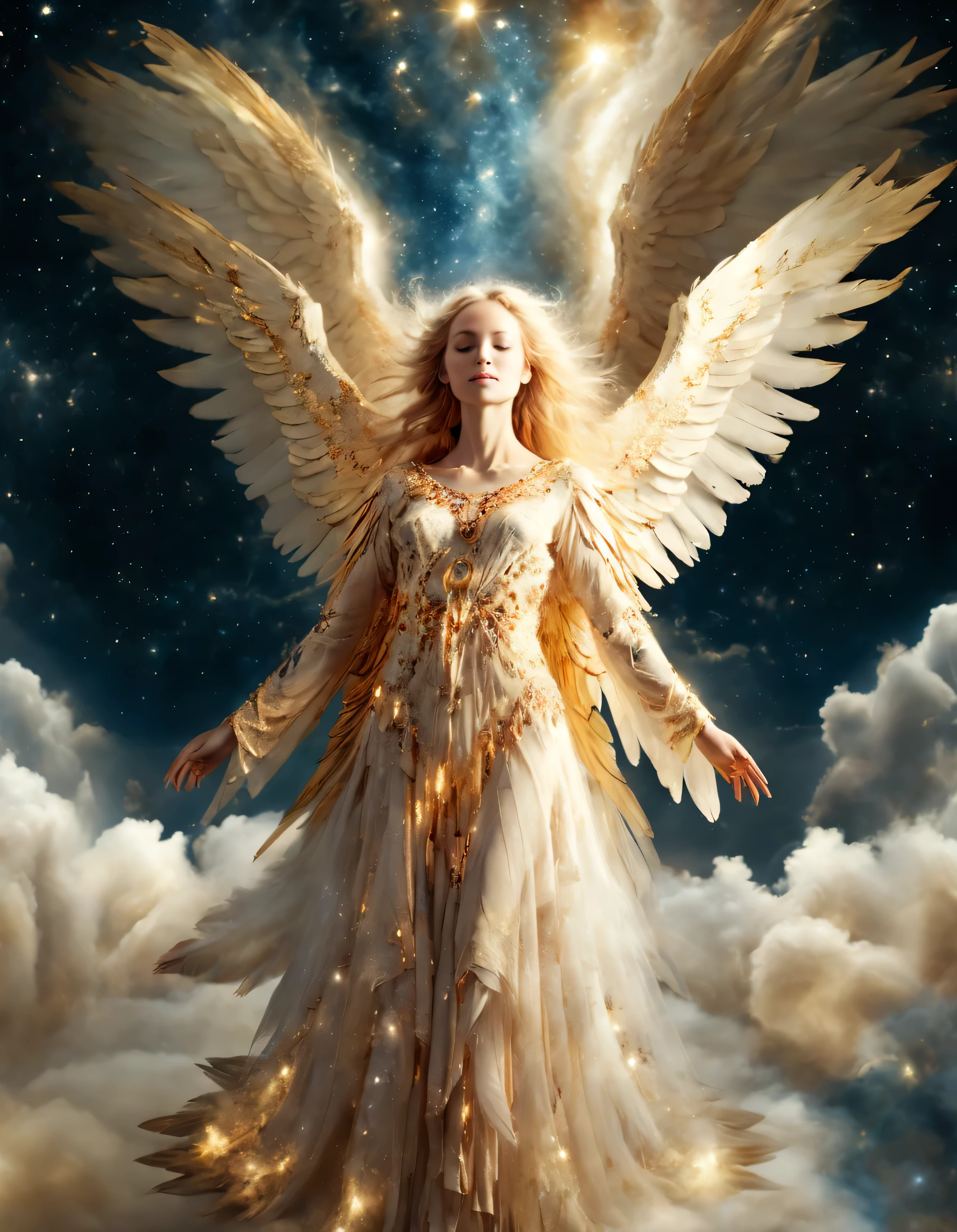 photo, angel (woman) flying in night sky, golden|cosmic heaven, long feather dress night-sky, feather wings, mist cosmic galactic fractals detailed-face, biblically accurate angel, beautiful angelic creature, masterpiece, bokeh, realistic, detailed high saturation      