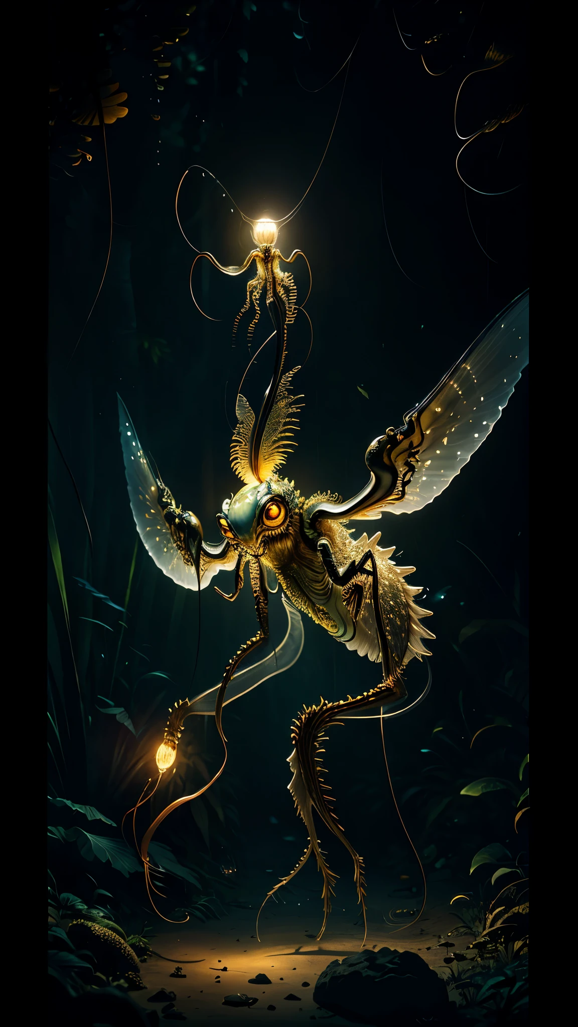 Big six legs creature whith transparent and lighting body, long wings, walking on all six legs, (((cuttlefish head))), ((four eyes)), six leghs, in the jungle, jungle, rain forest, high image quality, realistic look, high-resolution photography, 8K, full-frame matrix, deep shadows, ((one character)), (intricate details, subsurface scattering, hyperdetailed:1.15), (hyperrealism, volumetric lighting, sharp:1.5) Fujifilm XT3