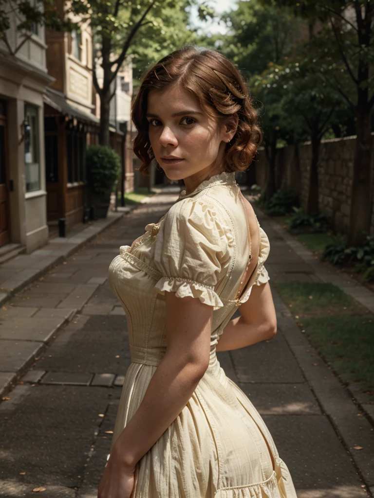 (beautiful Kate Mara on a 19th century street in an edwardian vintage dress), (Serious:0.5), (Highly detailed face:1.4), ass pov, Nikon D850, film stock photograph, 4 Kodak Portra 400, camera f1.6 lens, saturated colors, hyper realistic, lifelike texture, dramatic lighting, Cinestill 800, 19th-century Victorian style, Evening, Vintage lighting, Medium curly hair