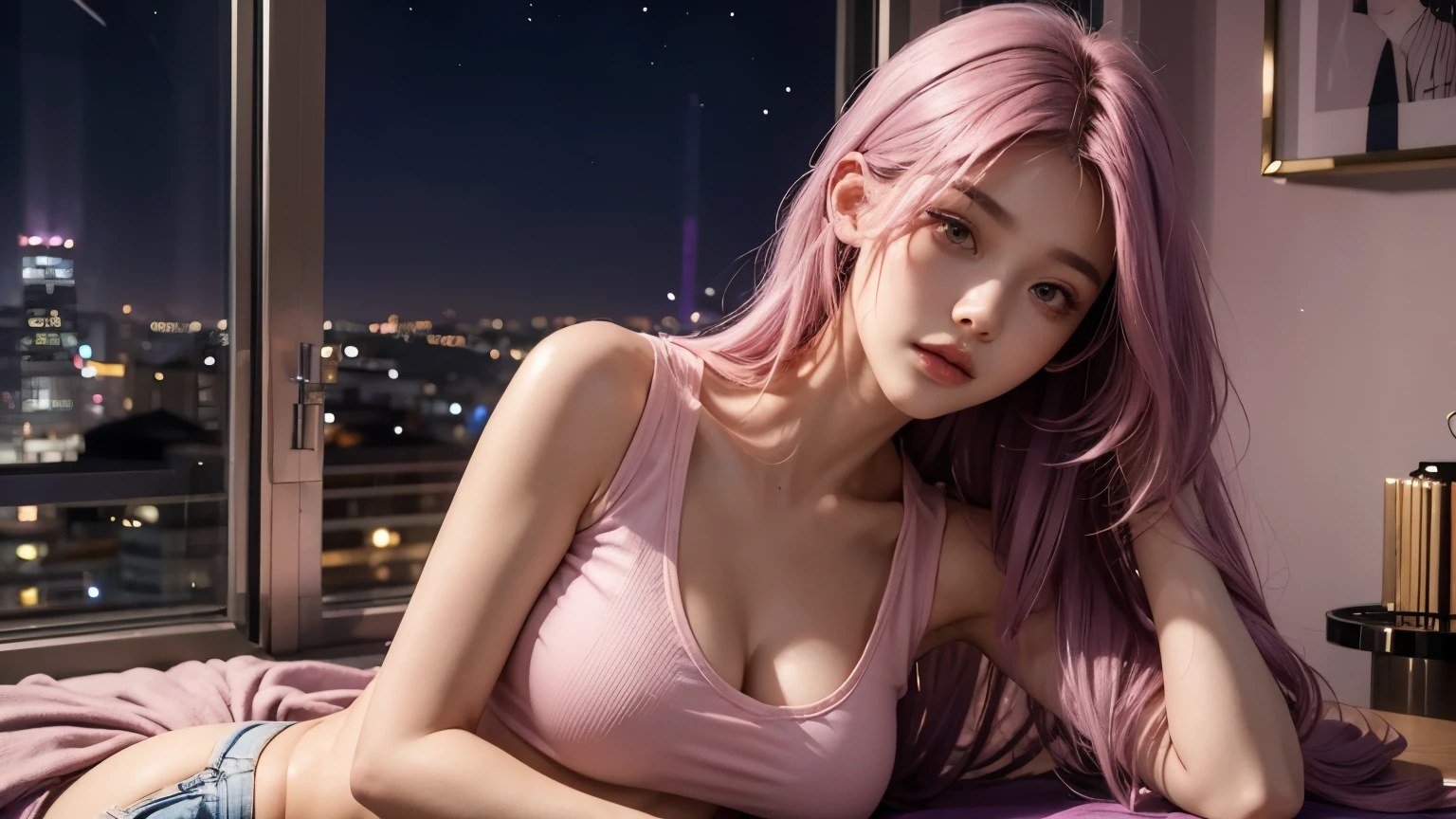 A mommy with long light pink purple hair, sexy body, good quality, detailed beauty face