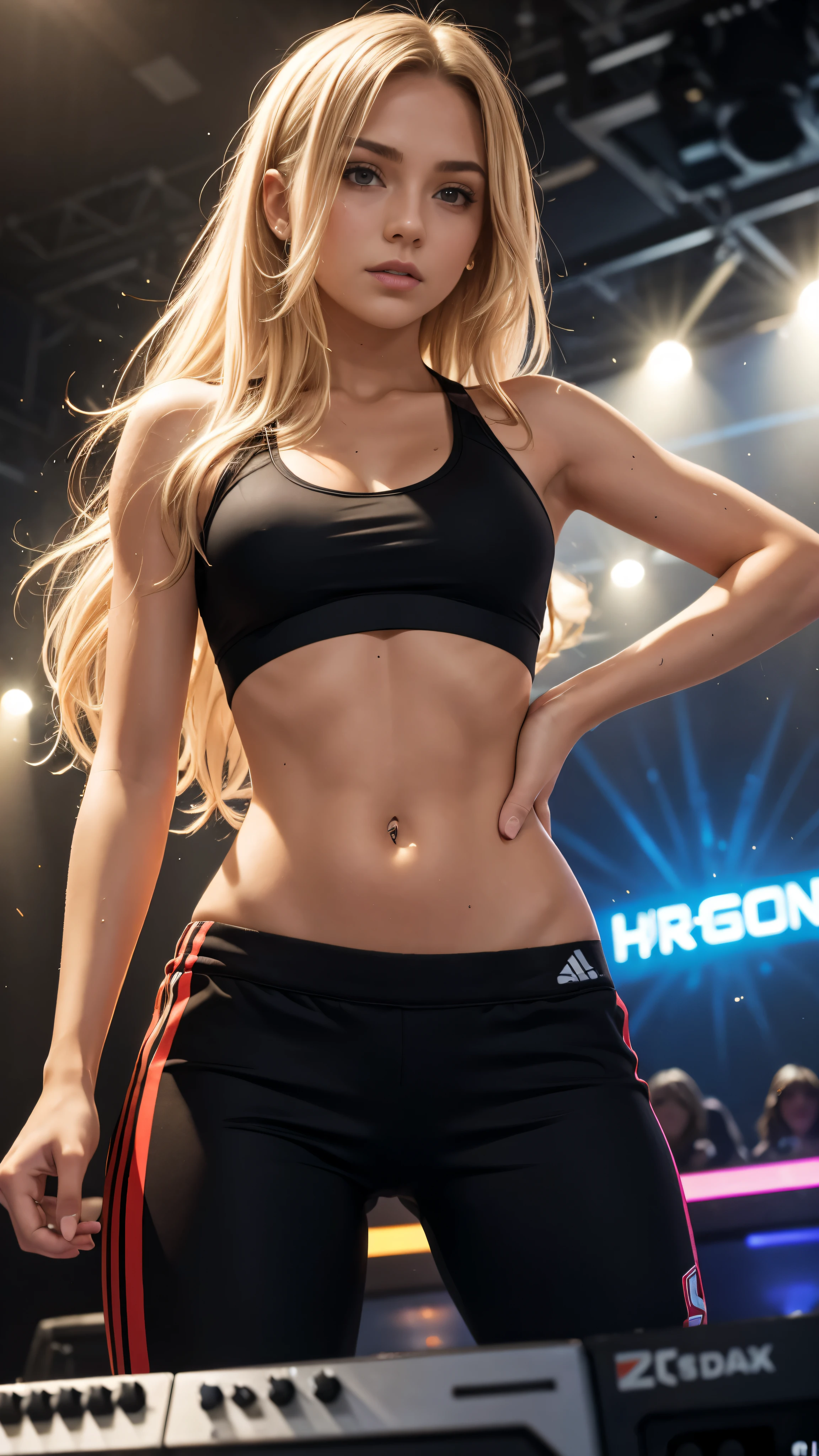 24 year old female dj live on stage, female dj, djing, dj desk, huge audience, dynamic light, electro music, sweat pants, sports bra, very skinny, golden hair, small breast, sweaty, rachel cook, slim, long hair, open hair