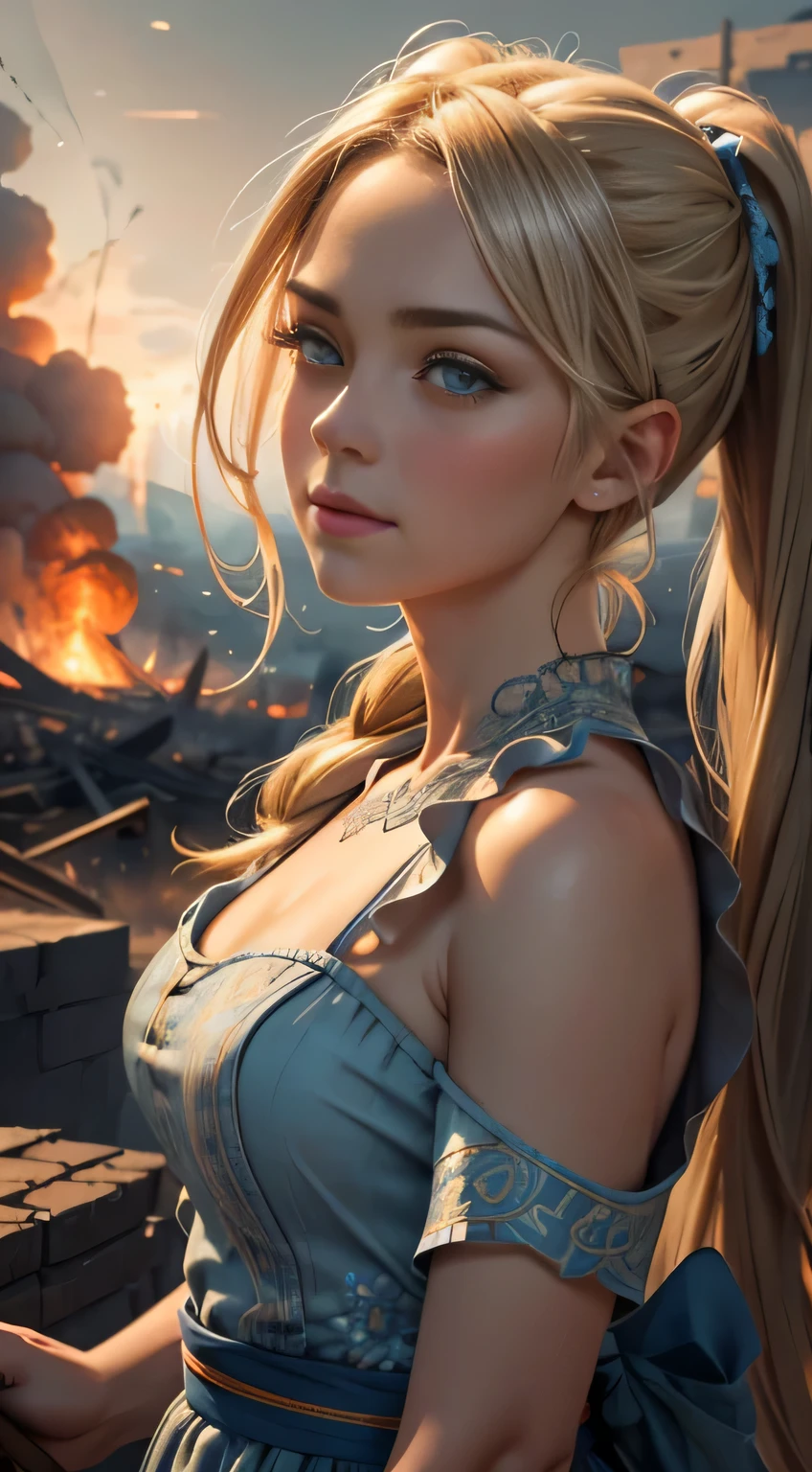 Highest quality work of art, masterpiece, best quality rendition, bubble-filled scene, blue dress adorned with intricate patterns, blonde pigtails cascading over shoulders, pretty face radiant with a charming smile, insanely detailed eyes reflecting intensity and determination, fierce fighting pose, backdrop of a destroyed city, distant fires casting an ominous glow, rising smoke painting the sky with hues of gray and orange, all brought to life with stunning high definition images, bringing the vivid scene to life with utmost realism, intricate textures and sublime detail, invoking emotions with each brushstroke, an insanely detailed and captivating portrait of power and resilience