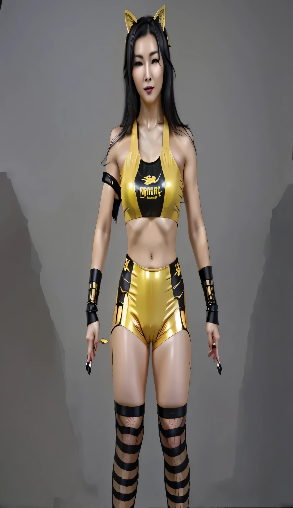 ((masterpiece, best quality)), realistic face, realistic fit, body asian woman with black hair in a yellow shiny wrestling top and black arm band bottom black wrist bands and black silver shiny socks and yellow cat ears posing for a picture, realistic fully body pose, realistic face photo realistic, intricate details