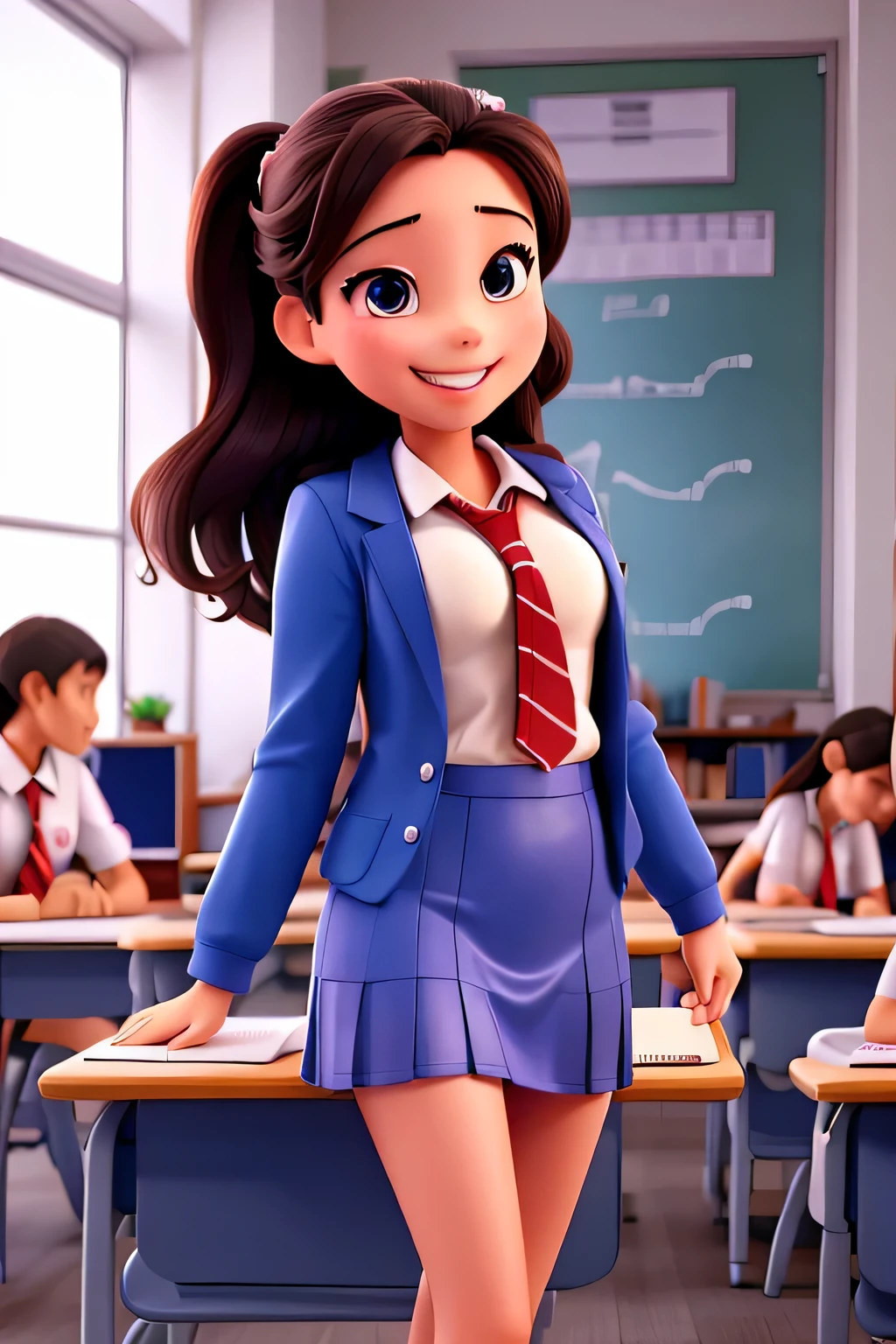 Sexy dressed student doing an exam, Succès, heureux, so heureux, Huge smile, visage clair, si intelligent