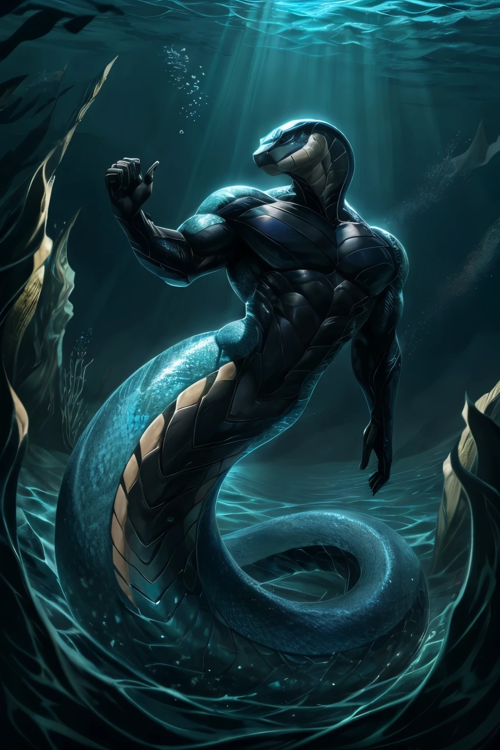 In the depths of the ocean, amidst the azure blue waters, a sea snake of extraordinary proportions glides effortlessly. This sea snake possesses a physique that defies its serpentine nature, its muscular form rippling beneath the water. Its scales shimmer with hints of iridescence, reflecting the ambient light filtering through the waves. Adorning its powerful frame is a sleek black uniform suit, perfectly tailored to fit its imposing physique. The suit accentuates the sea snake's formidable build, adding an air of sophistication to its underwater presence. As it moves with grace and precision through the sea, the sea snake commands attention with its commanding presence. Despite the depths and the darkness that surrounds it, the sea snake appears undeterred, exuding an aura of confidence and authority. Its gaze is steady and unwavering, surveying its domain with a sense of quiet intensity. In the mysterious realm beneath the waves, this sea snake stands as a symbol of strength and prowess, a formidable force to be reckoned with in the underwater world.