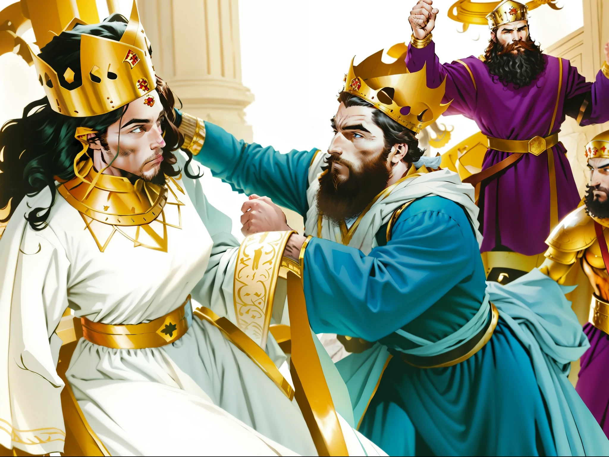 There is a woman with a crown on her head. There is a man with a beard with a crown on his head. Man and woman are fighting. In the background there is a king with a beard standing. biblical costumes. Biblical setting. biblical style. comic book style.