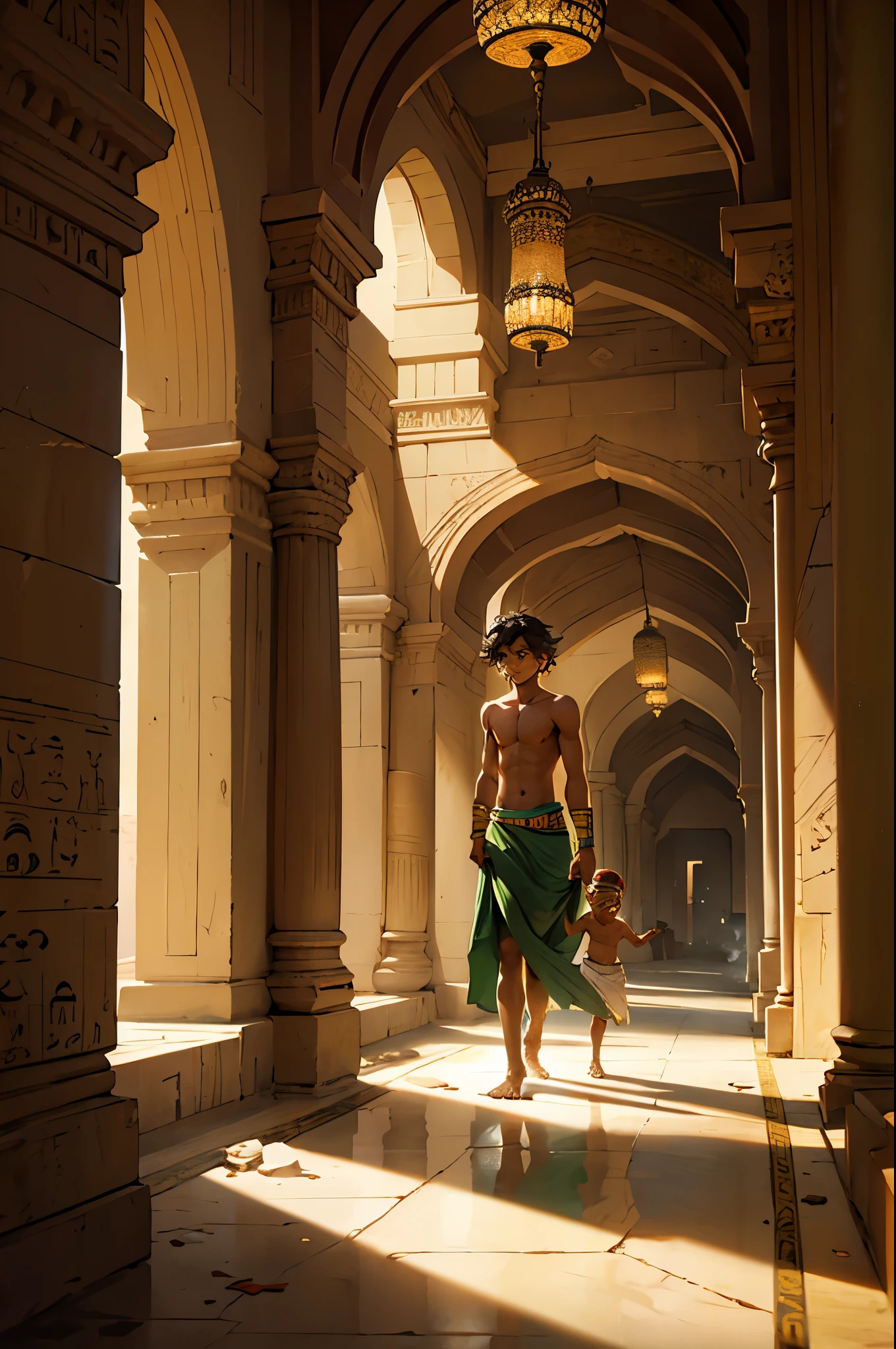 There are halls and corridors of a luxurious Arab palace from ancient times and in the halls there is a 5-year-old homeless boy, abandoned, poor, hungry, he has very green eyes, he is shirtless in an ancient Egyptian skirt.,