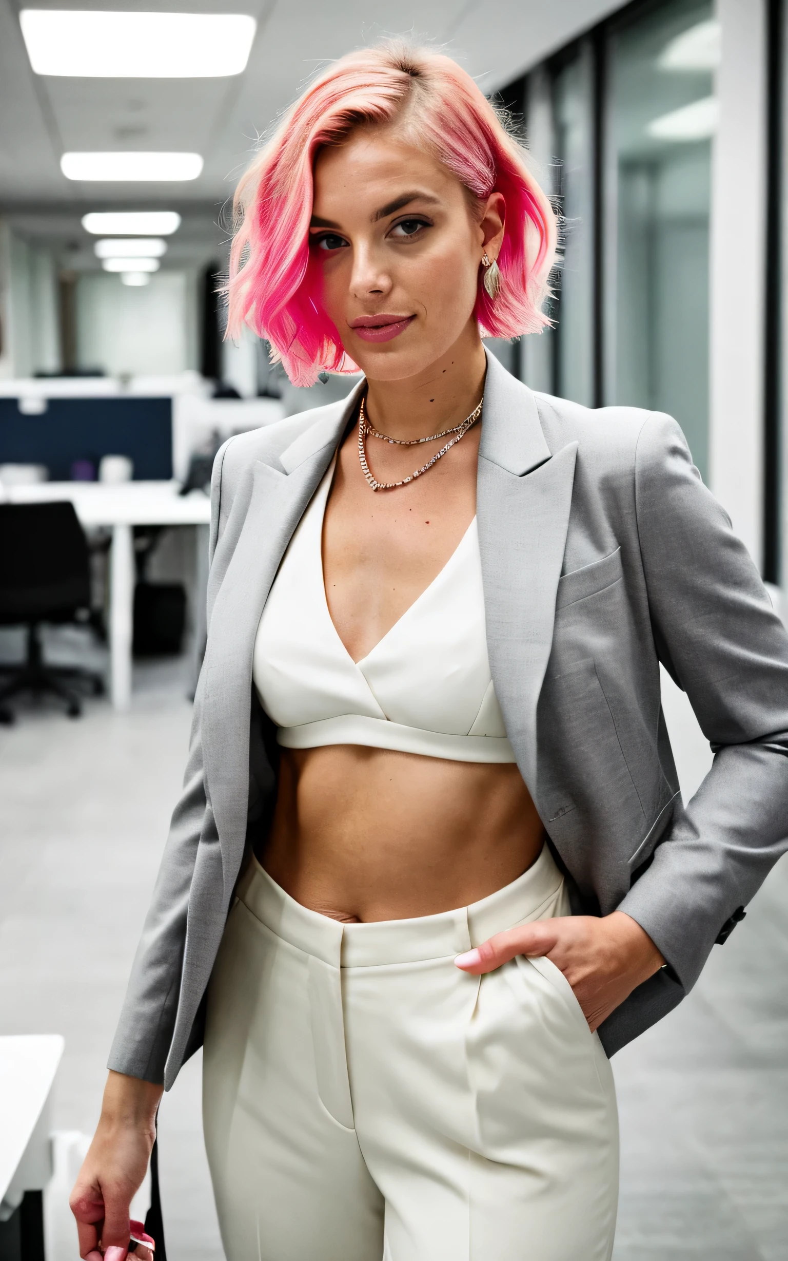 Une femme stylisée aux cheveux courts rose pastel, transformed into an elegant square, se trouve dans un espace de bureau moderne. Elle porte un débardeur blanc décolleté et une veste de costume grise ajustée., complété par un pantalon assorti, presenting a professional look with a modern touch. Un délicat pendentif repose sur son cou, ajouter une touche d'elegance as a whole. Son regard est sublimé par un maquillage qui met en valeur ses longs cils et ses paupières légèrement ombrées., while her lips are colored with'un rose vif. Elle regarde l'objectif avec confiance, A slight smile on his lips. Background, les éléments d'an office interior can be distinguished, comme les parois de verre divisées et la silhouette floue d'un homme en costume, add professional context to the scene.