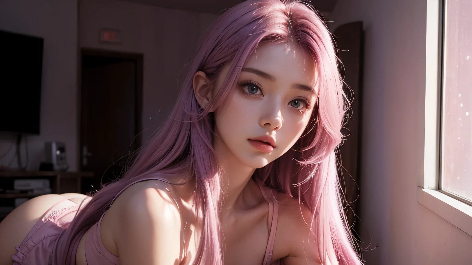 A girl with long light pink soft purple hair, perfect big booba , good quality, detailed beauty face, wearing crop top, in the night room