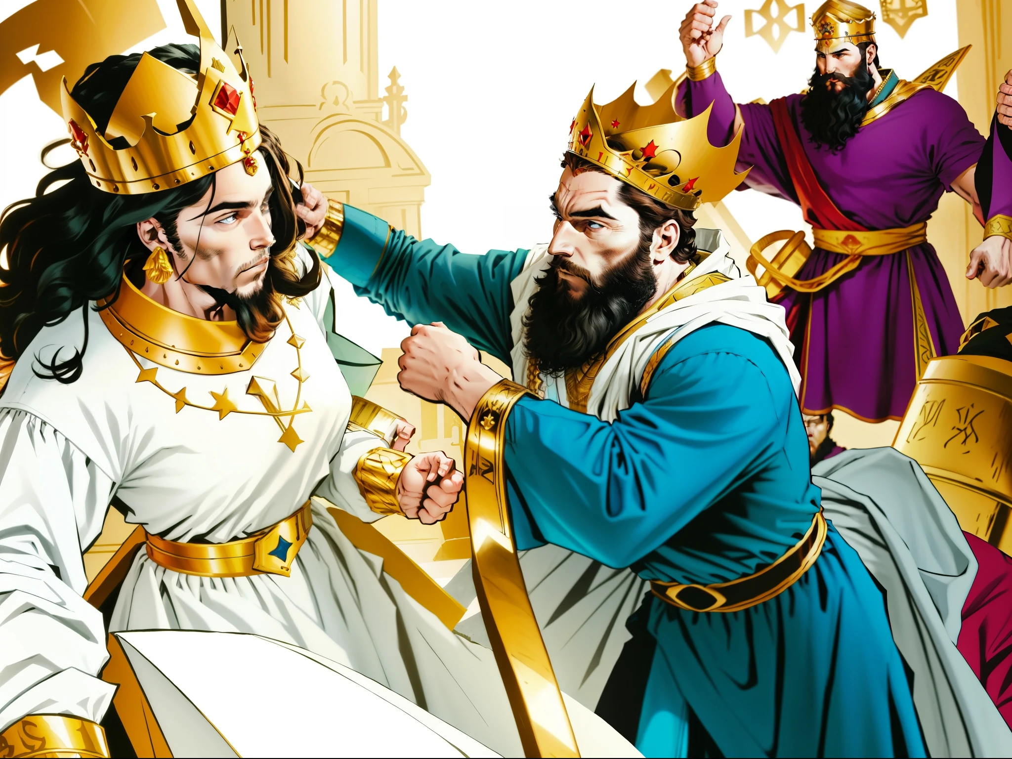 There is a woman with a crown on her head. There is a man with a beard with a crown on his head. Man and woman are fighting. In the background there is a king with a beard standing. biblical costumes. Biblical setting. biblical style. comic book style.