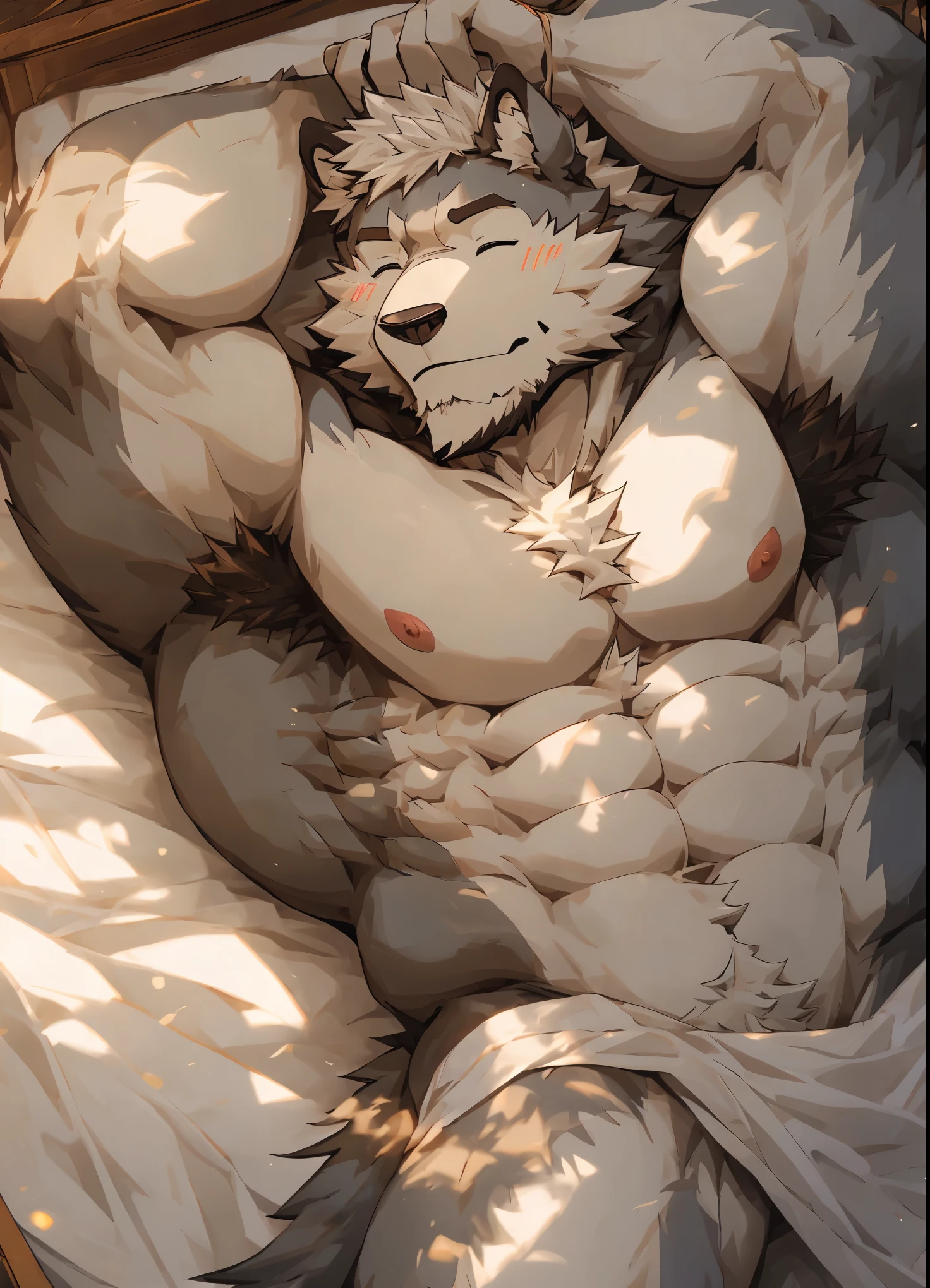 (masterpiece),(Very detailed),(best quality),hairy,Wolf,gray fur,white hair,golden pupil muscles,eyes closed(blush 1.1),( (Open 1.2)),((nude 1.3)),Lying in bed,8k,((high quality))