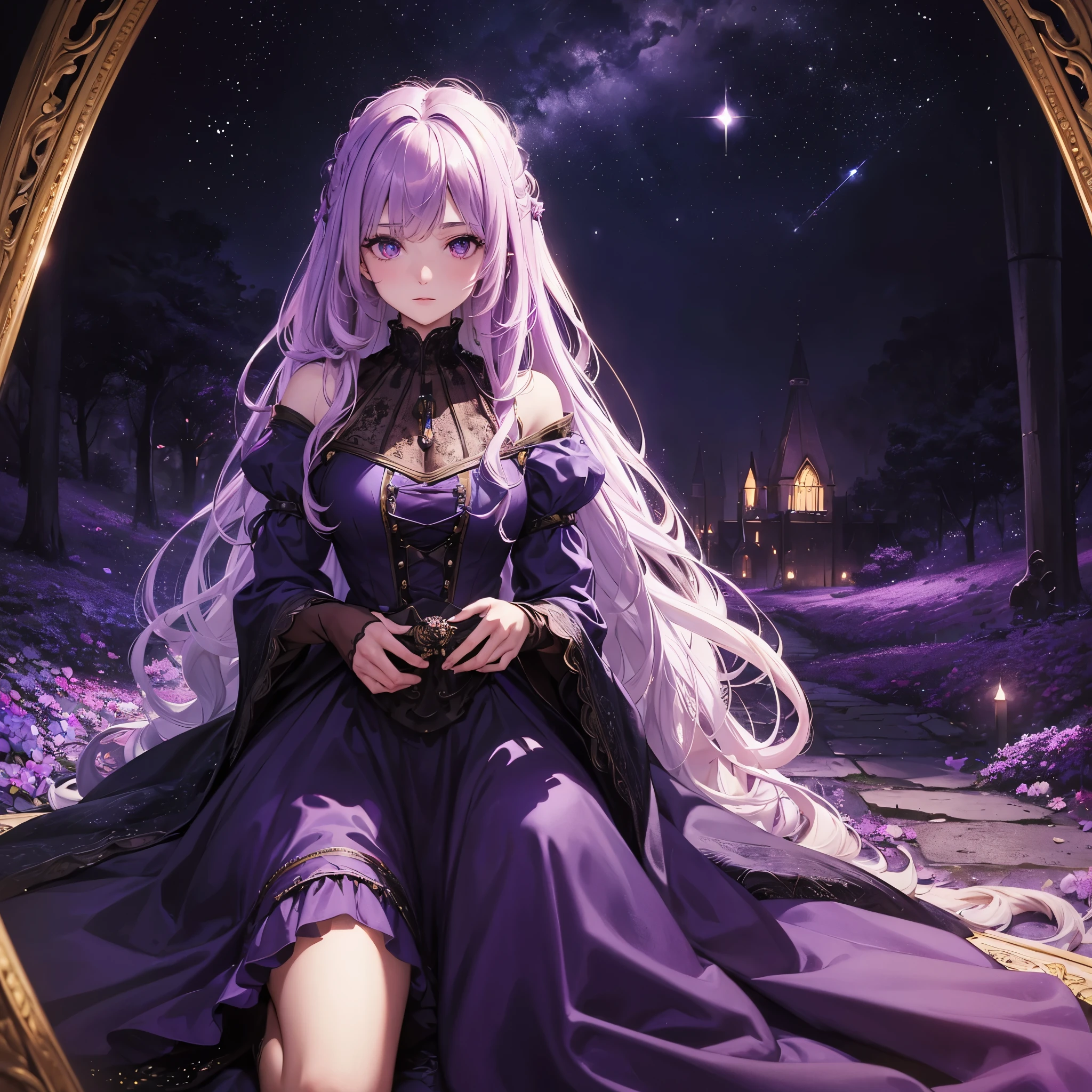 (masterpiece, top quality, best quality, official art, beautiful and aesthetic:1.2), (1girl:1.3), wavy long hair, light purple hair, extremely detailed, portrait, looking at viewer, solo, (full body:0.6), detailed background, witch dress, medieval (tent interior:1.1) background, purple forest, glowing moong, dark mysterious lighting, shadows, magical atmosphere, starry night, dutch angle