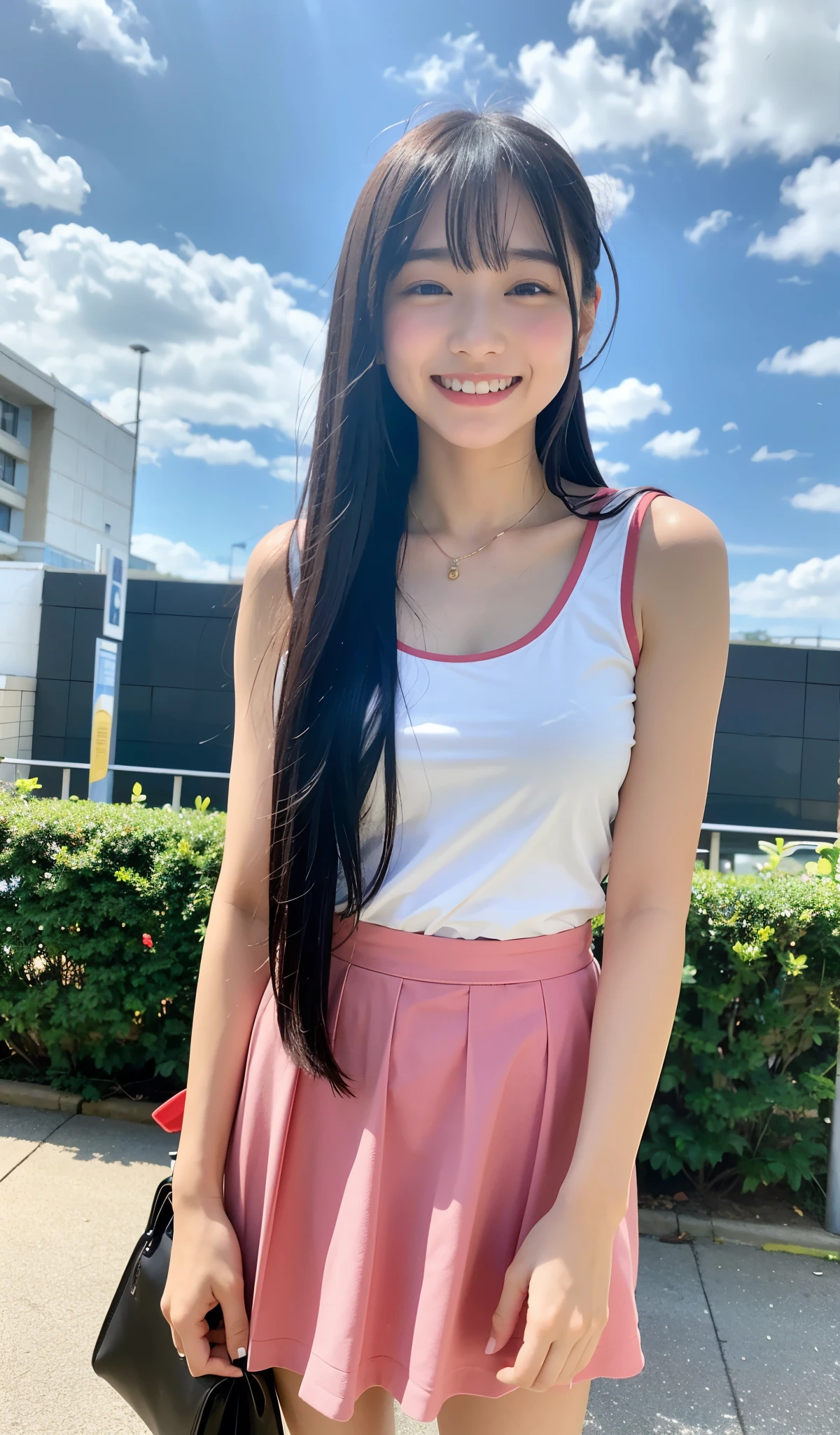 8k、best image quality、masterpiece、summer、Japanese high school girl meets friends while commuting to school。she smiled。、I winked in my right eye.