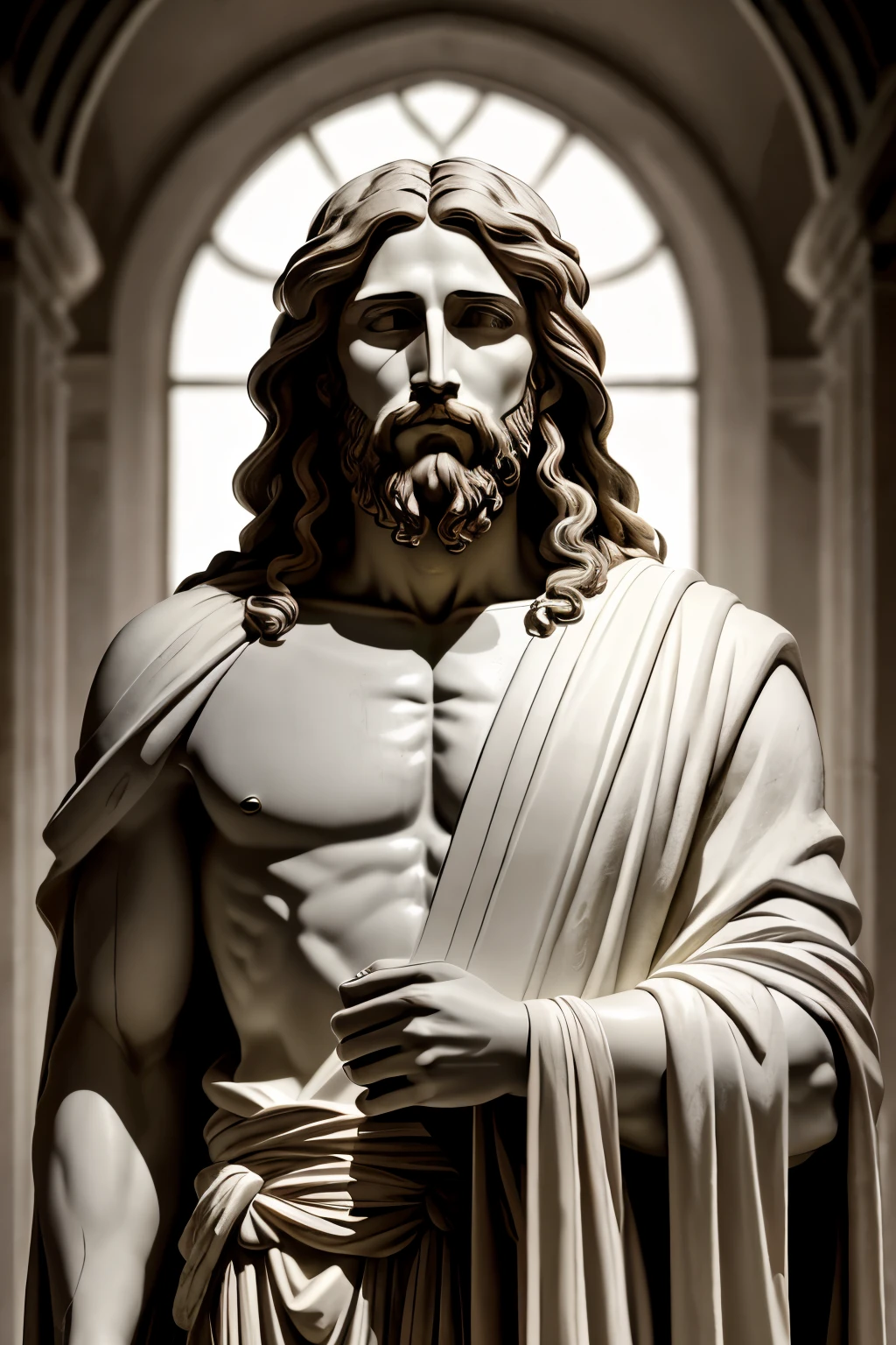 A realistic Greek statue of humble Jesus, intricately crafted from white marble, wore the form of a servant. With a neutral background, his moody expression conveyed deep thought and immense compassion. Fotorealistic in detail, his ghostly toga swayed gently, and his piercing eyes held an otherworldly glow. This hyper-realistic masterpiece, with brilliant highlight lighting, captured the divine essence of Jesus in 8k resolution. The depth of focus brought out the intricate folds of his robe, as shadows added depth and dimension. A profound work of art, it depicted Jesus' selfless act of becoming obedient to death, even death on a cross, with exquisite