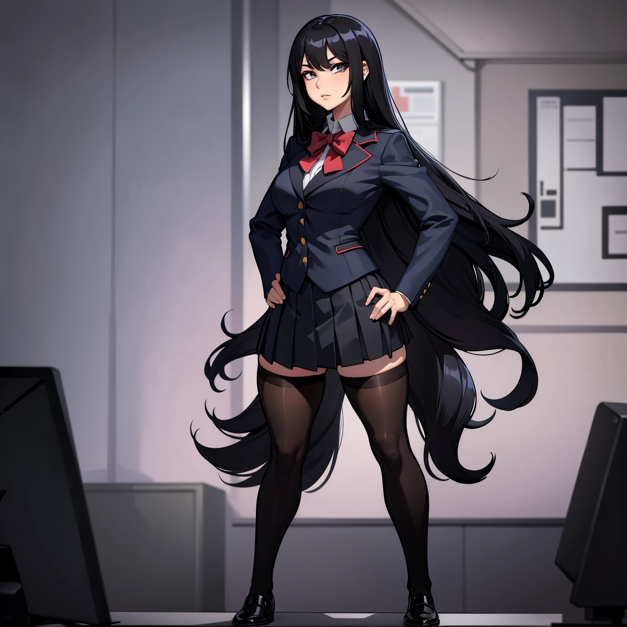 1girl, Asian , Anime school uniform, black Plated skirt, Blazer, black stockings, straight Long black hair, confident facial expression, Hand on hip,