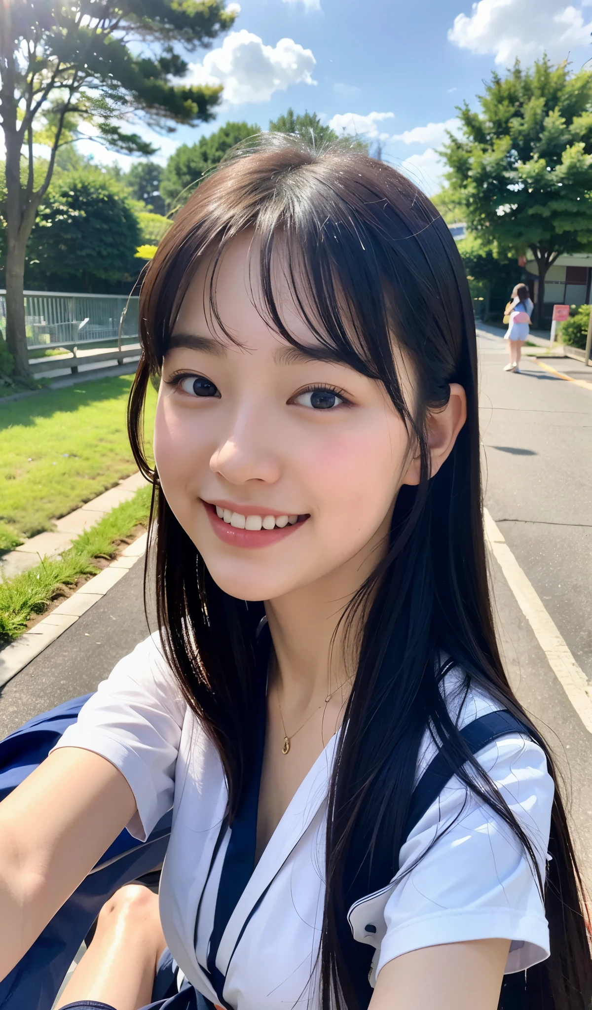 8k、best image quality、masterpiece、summer、Japanese high school girl meets friends while commuting to school。she smiled。、I winked in my right eye.、12age