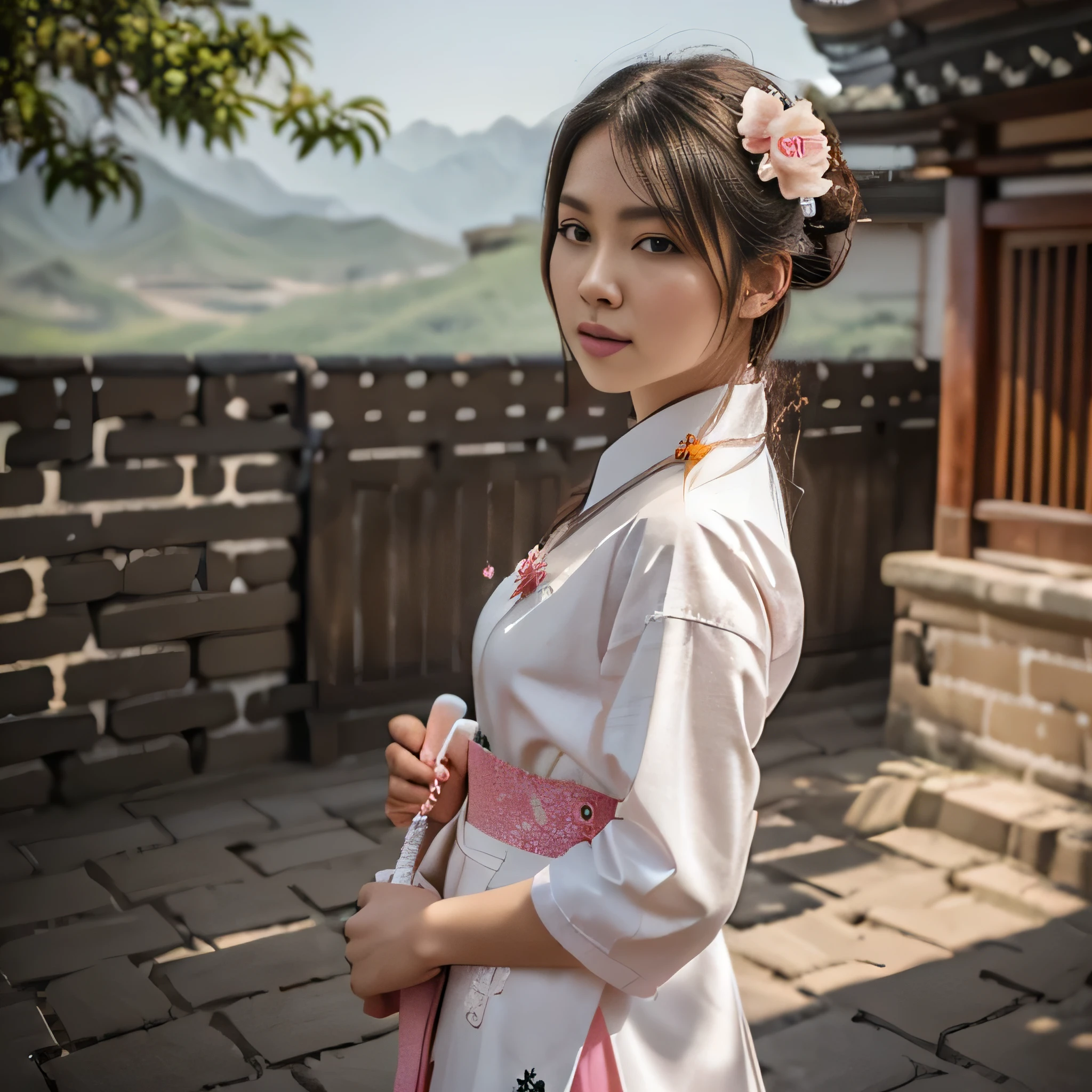 photography, realistic, 3D, super detailed. a pretty woman with a round face looks at the camera, she is wearing a white hanfu shirt combined with pink and white women's hanfu shoes with a pink flower pattern. black hanfu hair style, left wrist holding a sword sheath. The right hand wipes off a little sweat on the right temple of the eye. The background above the Great Wall of China, the sunlight is quite hot. 4/4 body, full body picture