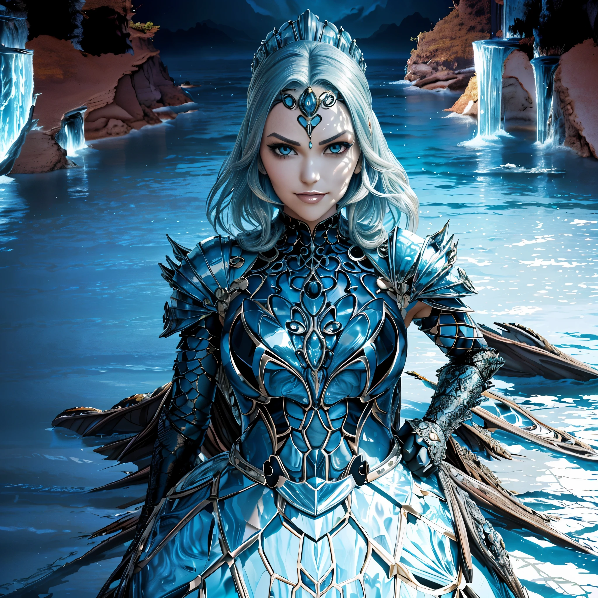 Villainous Armored Alien Princess with water-based powers,
(Super villainous) (beautiful face:1.5)
 adorned in asymmetrical, stylized armor,
 with seductive aquatic design,
 emitting a wicked, erotic smile, (villainous laughter:1.3).