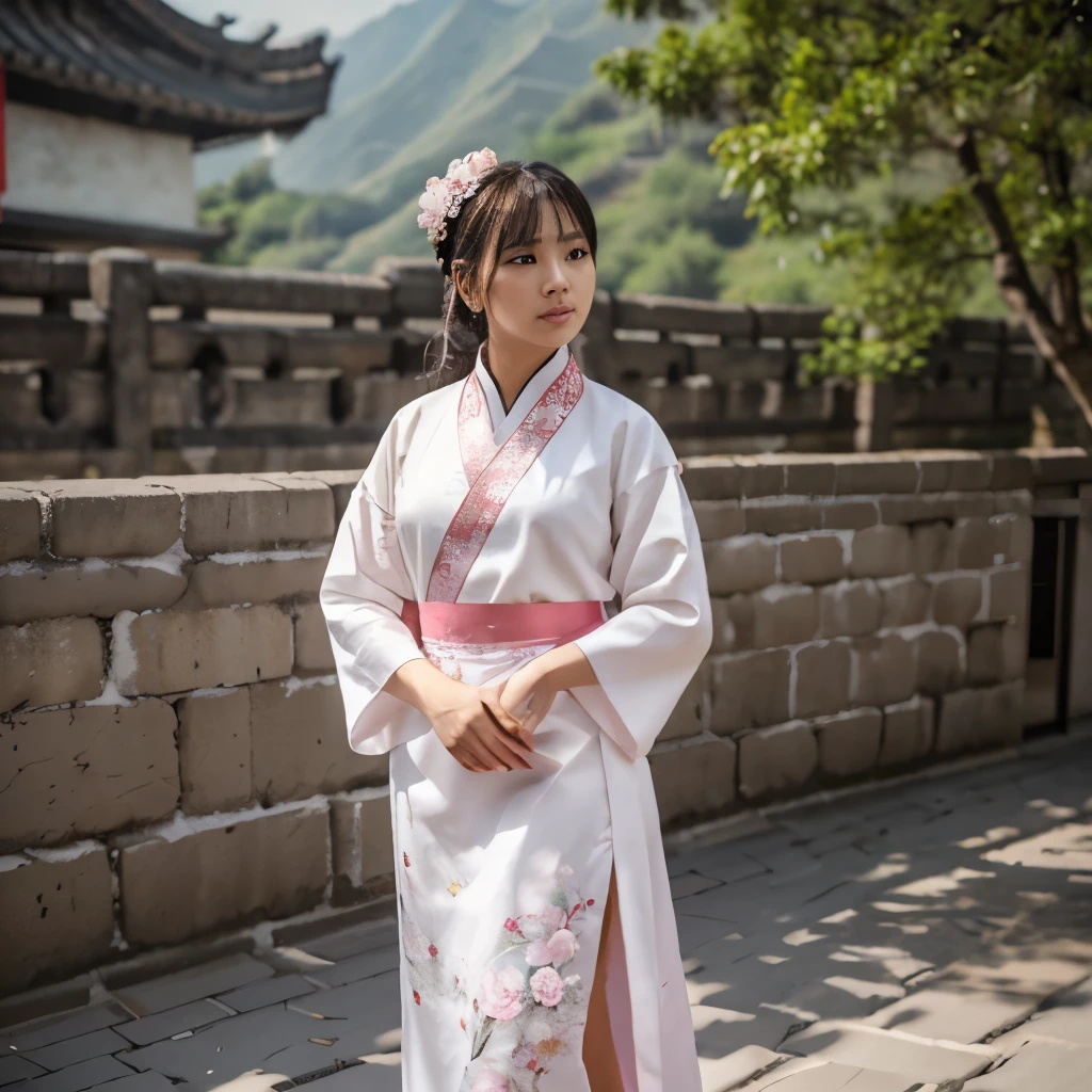 photography, realistic, 3D, super detailed. a pretty woman with a round face looks at the camera, she is wearing a white hanfu shirt combined with pink and white women's hanfu shoes with a pink flower pattern. black hanfu hair style, left wrist holding a sword sheath. The right hand wipes off a little sweat on the right temple of the eye. The background above the Great Wall of China, the sunlight is quite hot. 4/4 body, full body picture