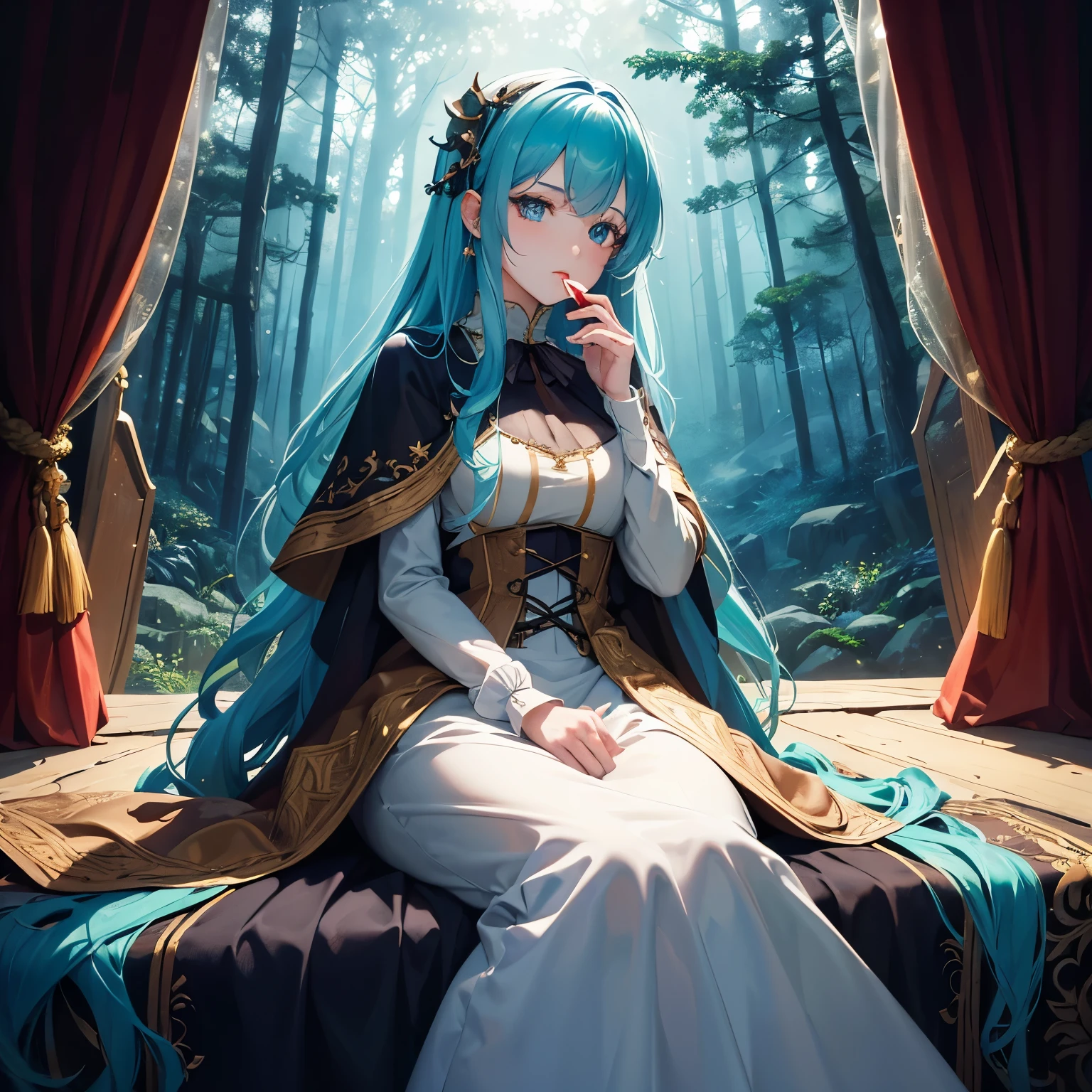 (masterpiece, top quality, best quality, official art, beautiful and aesthetic:1.2), (1girl:1.3), wavy long hair, light cyan hair, extremely detailed, portrait, looking at viewer, solo, (full body:0.6), detailed background, witch dress, medieval (tent interior:1.1) background, cyan forest, glowing moong, dark mysterious lighting, shadows, magical atmosphere, starry night, dutch angle, perfect details, eating cherry