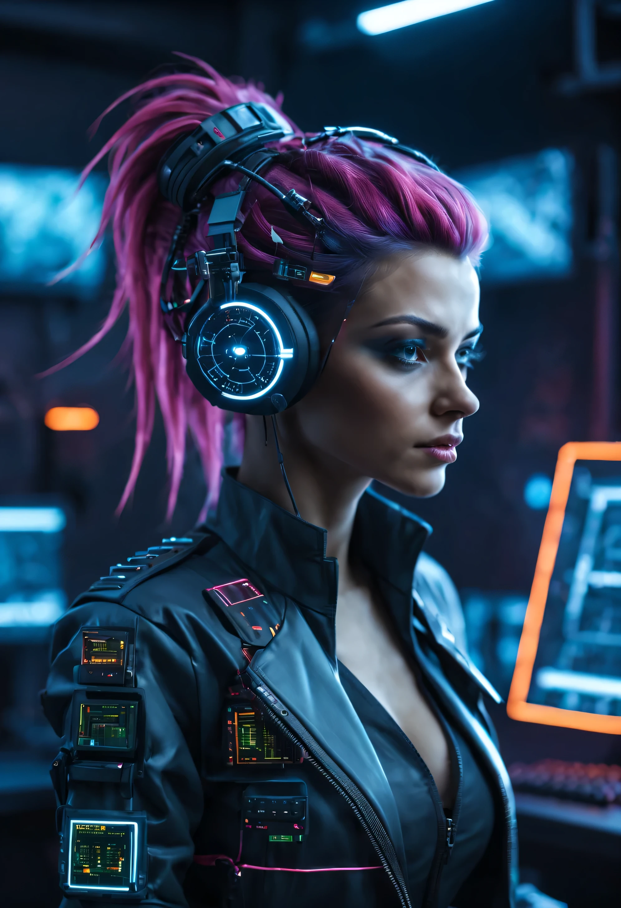 ((Mejor calidad)), ((Obra maestra)), (muy detallado:1.3), 3D, hermoso (ciberpunk:1.3) Hacker femenina hermosa y sensual ,con cabello estilo mihicano y voluminoso varios colores ,operando una terminal de computadora, Computer servers, pantallas LCD, cables de fibra optica, logotipos corporativos,HDR (High dynamic range),trazado de rayos,NVIDIARTX,super resolution,irreal 5,Subsoil Dispersion,PBR texturizado,Postprocesamiento,Anisotropic filtering,Profundidad de campo,Maximum clarity and sharpness,texturas multicapa,Mapas de Albedo y Especulares,Sombreado de superficie,Accurate simulation of the interaction between light and material..,proporciones perfectas,renderizado de octanaje,two tone lighting,ISO bajo,Balance de blancos,Regla de los tercios,amplia apertura,8K CRUDO,Efficient subpixel,Subpixel Convolution,Luminous particles,cyberpunk scenery