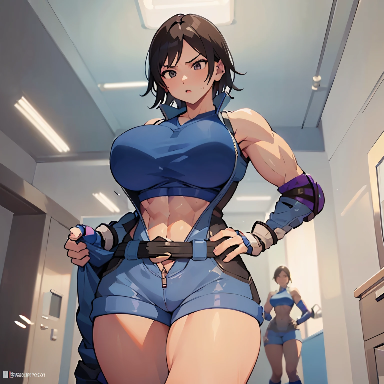 Huge breasts, abs, Tight sports bra, thick thights, looking down, shocked expression, gasp