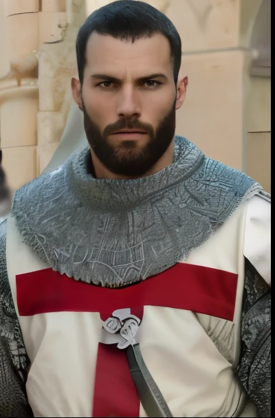 crear un templario, Caida de caballeros series, wearing white tunic with red cross, barba oscura, similar to actor Jamie Dornan, super detenido, realista, Jamie Dornan, Templar, blue eyes, cinematic style, Caida de caballeros, 8K resolution, Mejor calidad, de cerca.