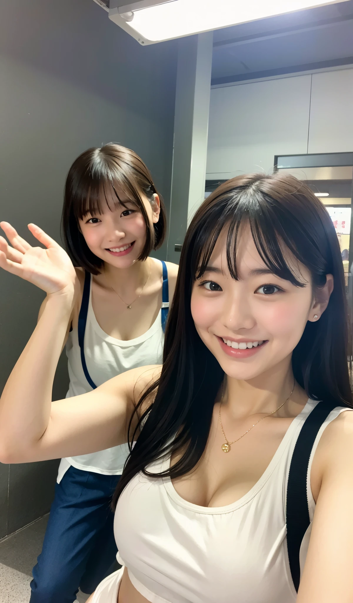 8k、best image quality、masterpiece、summer、Japanese high school girl meets friends while commuting to school。she smiled。、I winked in my right eye.、12age、short hair、