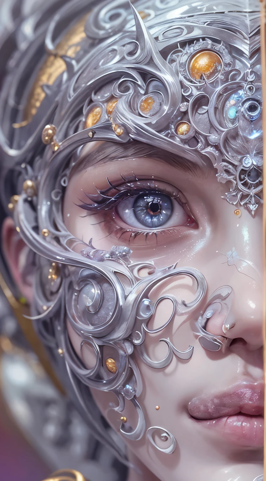 Full body like，（best qualtiy，ultra - detailed，Most Best Illustration，Best shadow，tmasterpiece，A high resolution，professionalartwork，famousartwork），Detailed eyes，beautidful eyes，closeup cleavage，sci-fy，colored sclera，Robot eyes，face markings，Tattooed with，（fractalized，Fractal eyes），largeeyes，Wide eyes，（Eye focus），sface focus，Cosmic eyes，Space eyes，Close-up of metal sculpture of a woman with a moon in her hair，goddes。extremly high detail，3 d goddess portrait，Extremely detailed footage of the goddess，a stunning portrait of a goddess，Side image of the goddess，portrait of a beautiful goddess，Full body close-up portrait of the goddess，hecate goddess，portrait of a norse moon goddess，goddess of space and time，(RAW photo:1.2)，camel-toe，Hollow-out on，sweat leggs，， Smooth pink skin, shiny metallic glossy skin, Shiny, 　spread their leg-shaped legs，angry look，sullenness，Irritated， all over body，Full body like