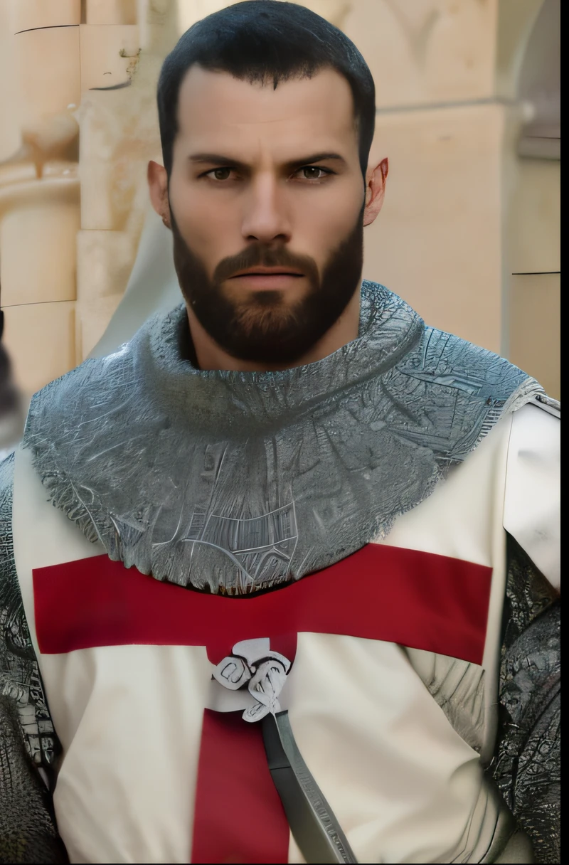crear un templario, Caida de caballeros series, wearing white tunic with red cross, barba oscura, similar to actor Jamie Dornan, super detenido, realista, Jamie Dornan, Templar, blue eyes, cinematic style, Caida de caballeros, 8K resolution, Mejor calidad, de cerca.