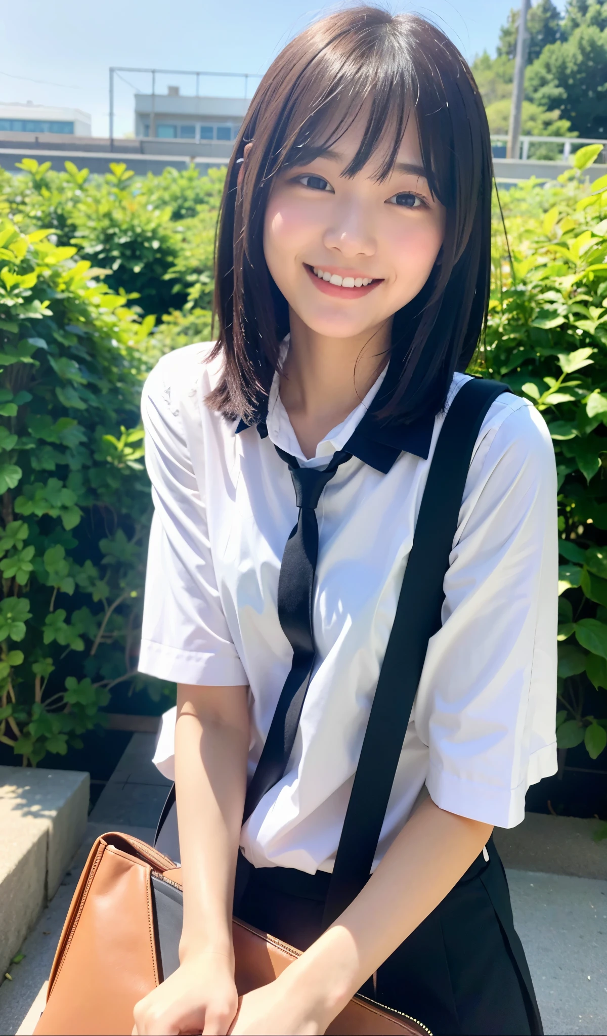 8k、best image quality、masterpiece、summer、Japanese high school girl meets friends while commuting to school。she smiled。、I winked in my right eye.、12age、short hair、
