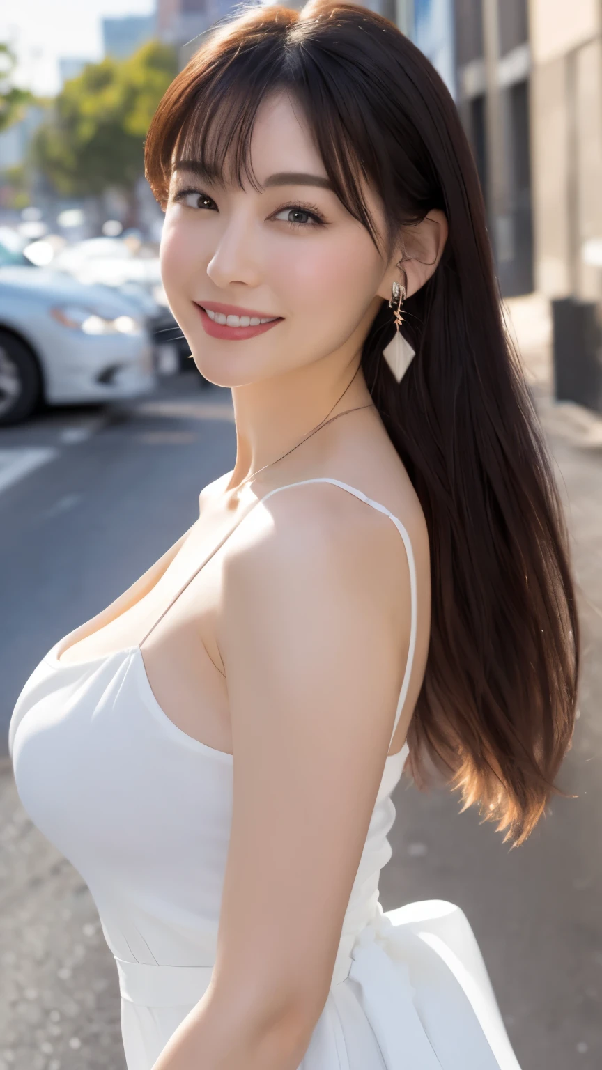 In 8K、超A high resolution、highest quality、table top 、(pretty big breasts、cleavage)(white dress:1.2)、in the street、black hair long straight、Smile、big black eyes、lip gloss、necklace、white mule、(show your armpits、Diagram drawn from the side:1.2)