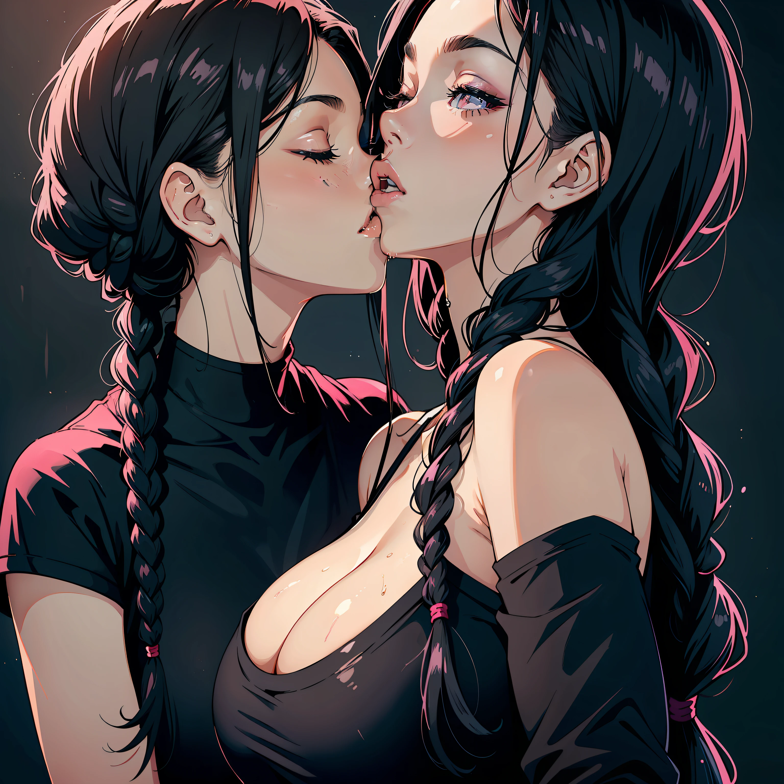 sexy woman, black braided hair, black t-shirt, close-up on face, eyes closed, glossy wet pink lips parted in a kiss, flawless glowing skin, long beautiful neck