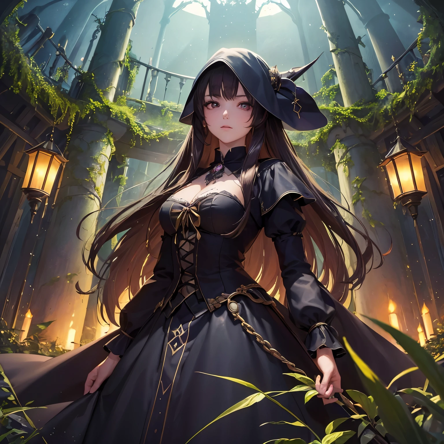 (masterpiece, top quality, best quality, official art, beautiful and aesthetic:1.2), (1girl:1.3), long hair, extremely detailed, portrait, looking at viewer, solo, (full body:0.6), detailed background, witch dress, medieval (tent interior:1.1) background, sbow forest, glowing moong, dark mysterious lighting, shadows, magical atmosphere, starry night, dutch angle, league of legends midnight ahri