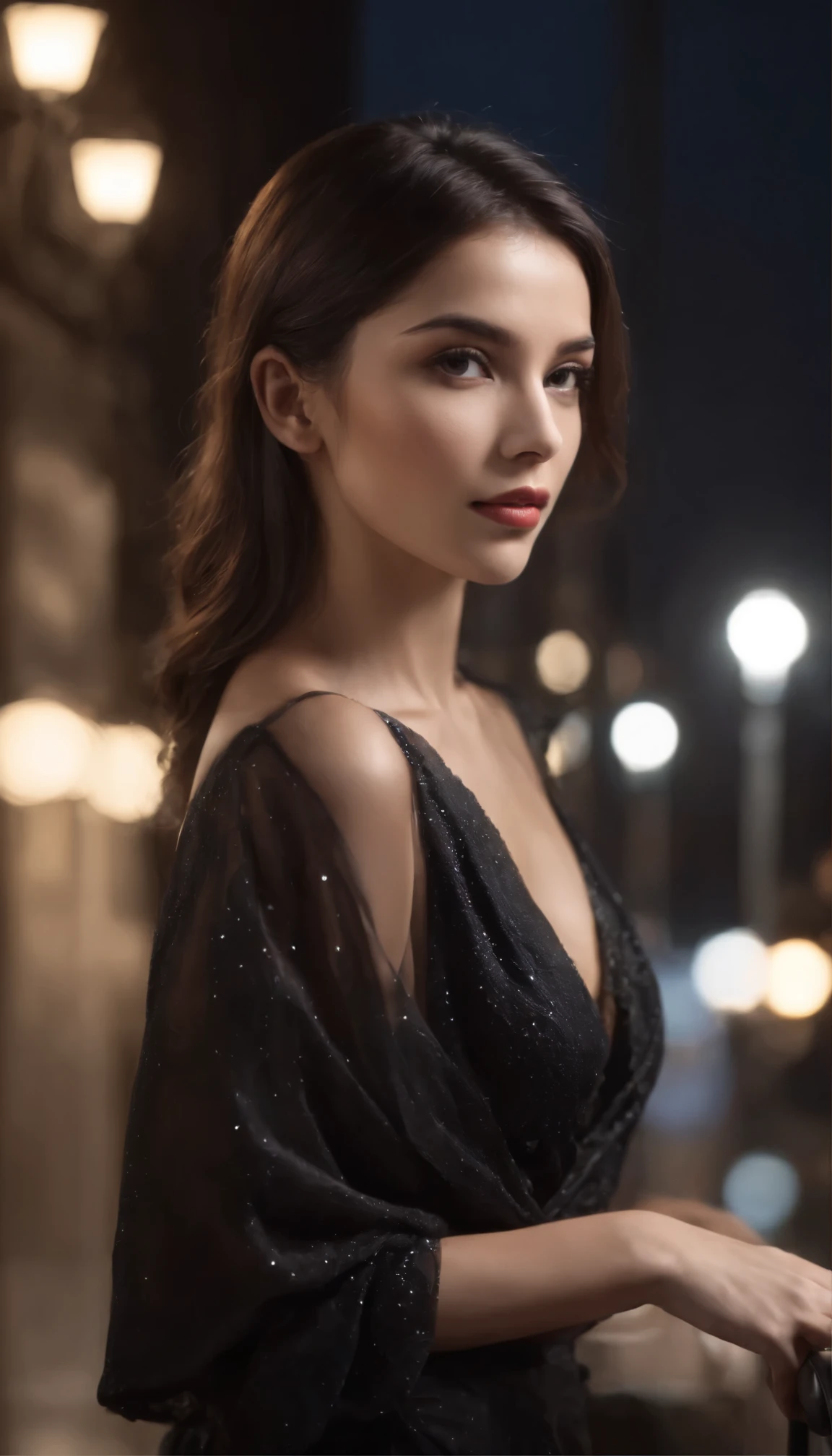 (Best quality,4K,A high resolution:1.2),Ultra-detailed,(Realistic,Photorealistic:1.37),The black-haired woman walked seductively down the street, black formal,Smooth polished hair,Confident posture,cityscape in the background,Dark and mysterious atmosphere,A vibrant and energetic scene,captivatinggaze,Strong presence,Elegant and sophisticated appearance,dynamic shadowing,subtle reflections,High contrast lighting,Modern and urban environment,graceful movements,Illuminated street lights,arquitetura impressionante,Striking visual composition,Dramatic and avant-garde style,Special attention to detail,Rich depth of field,expressive facial features,Sharp silhouette,Exquisite craftsmanship,Impressive realism,Artistic and elegant expression,striking colors,Meticulous attention to shadows and highlights,Sparkling streetscape,Stylish and stylish look,Impeccable sense of fashion,Flawless makeup,Confident and seductive expression